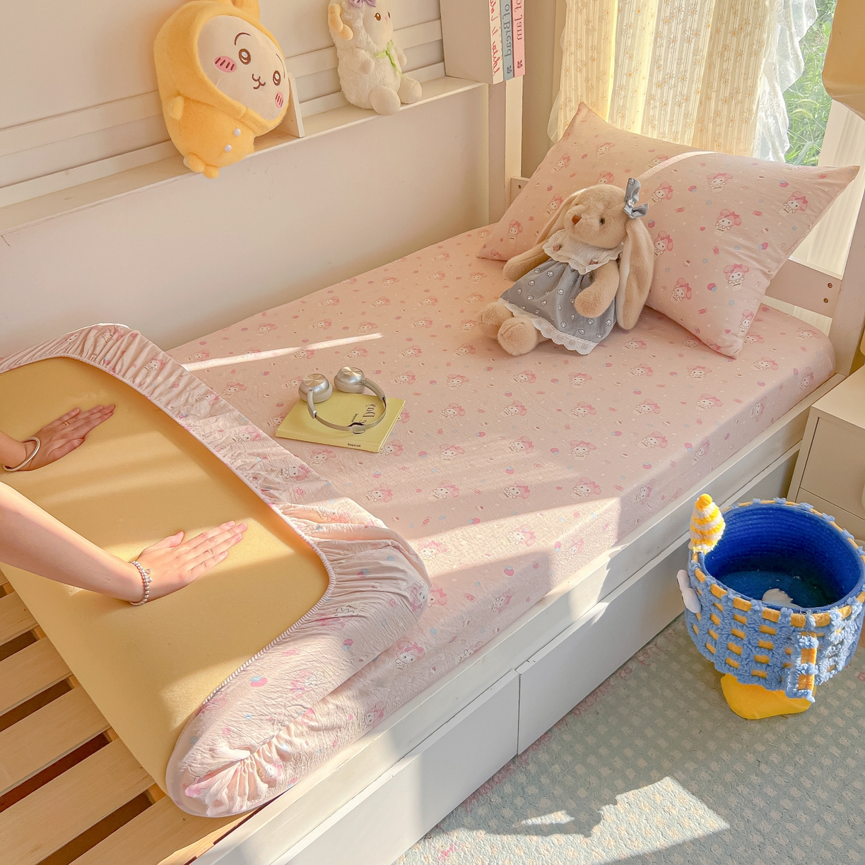 91家纺网 家纺一手货源 找家纺 韩巢家纺 2025新款双层纱学生宿舍寝室床笠单件单床笠上下铺防滑床单床垫套 小美冰激凌