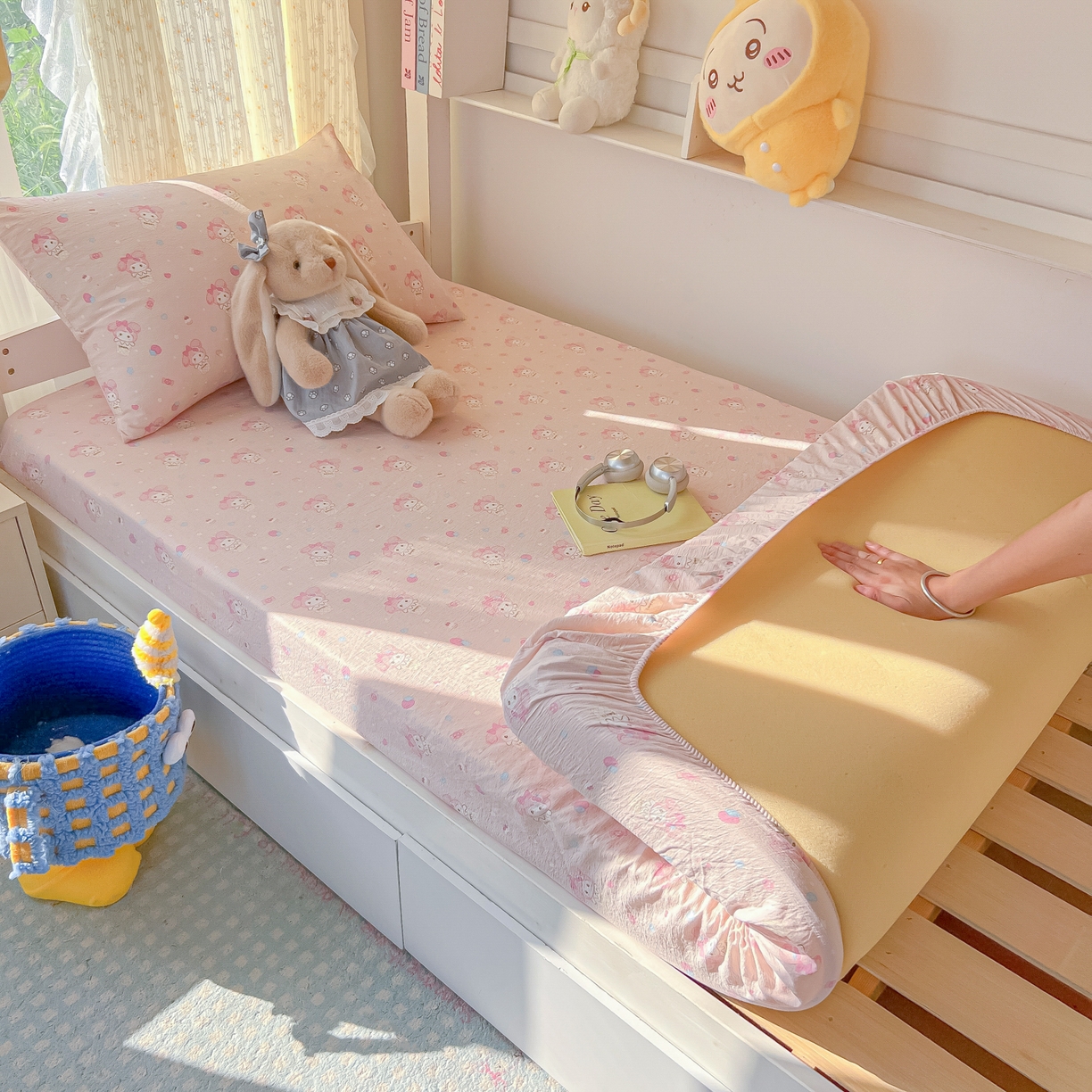 91家纺网 家纺一手货源 找家纺 韩巢家纺 2025新款双层纱学生宿舍寝室床笠单件单床笠上下铺防滑床单床垫套 小美冰激凌