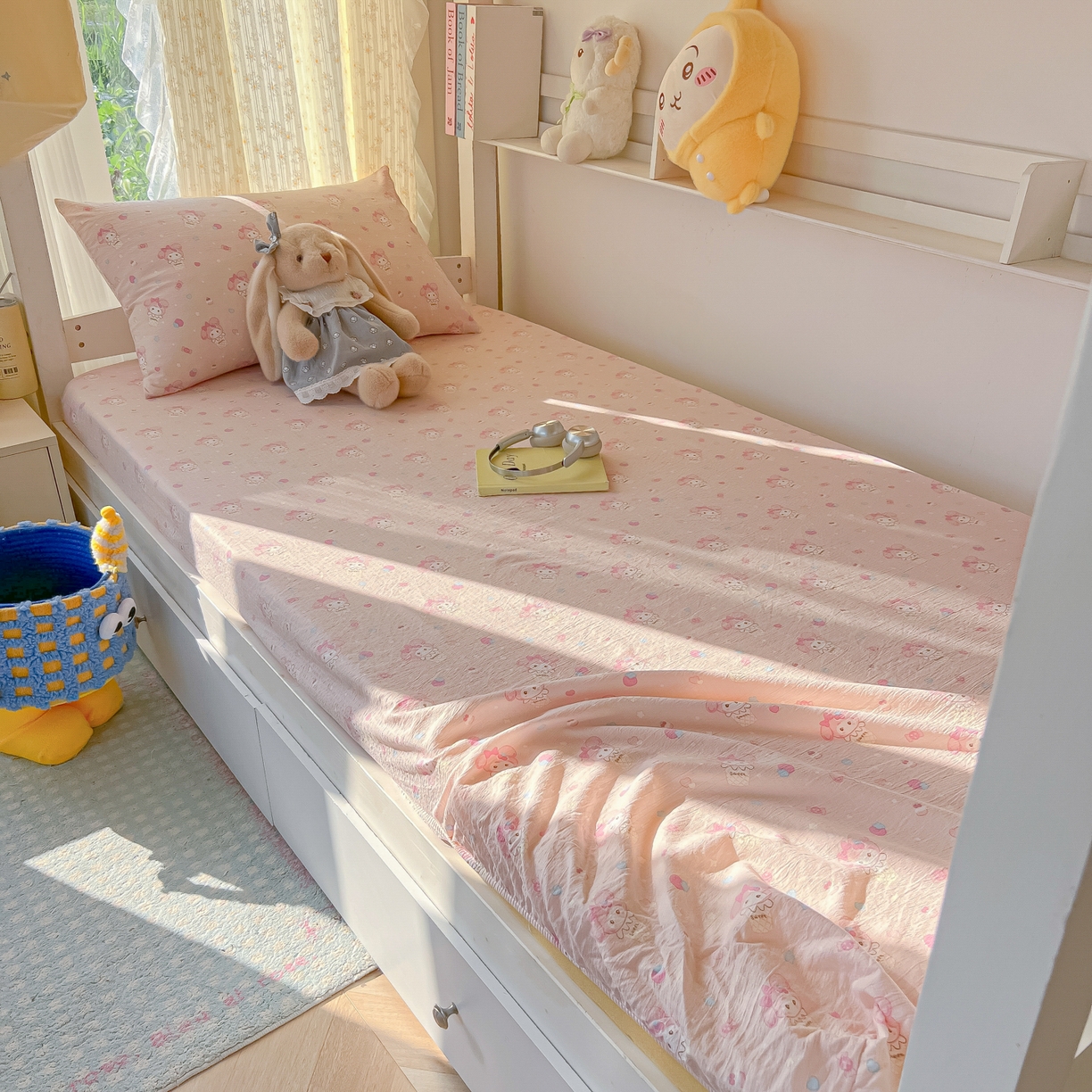 91家纺网 家纺一手货源 找家纺 韩巢家纺 2025新款双层纱学生宿舍寝室床笠单件单床笠上下铺防滑床单床垫套 小美冰激凌