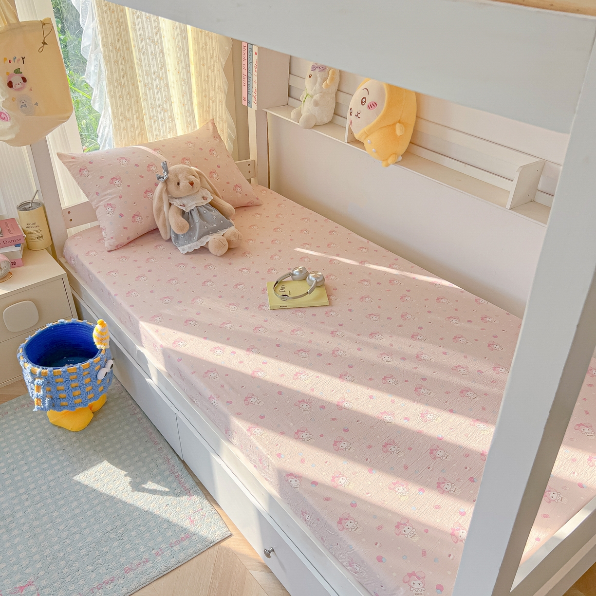 91家纺网 家纺一手货源 找家纺 韩巢家纺 2025新款双层纱学生宿舍寝室床笠单件单床笠上下铺防滑床单床垫套 小美冰激凌