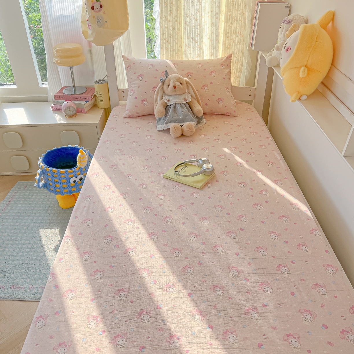 91家纺网 家纺一手货源 找家纺 韩巢家纺 2025新款双层纱学生宿舍寝室床笠单件单床笠上下铺防滑床单床垫套 小美冰激凌