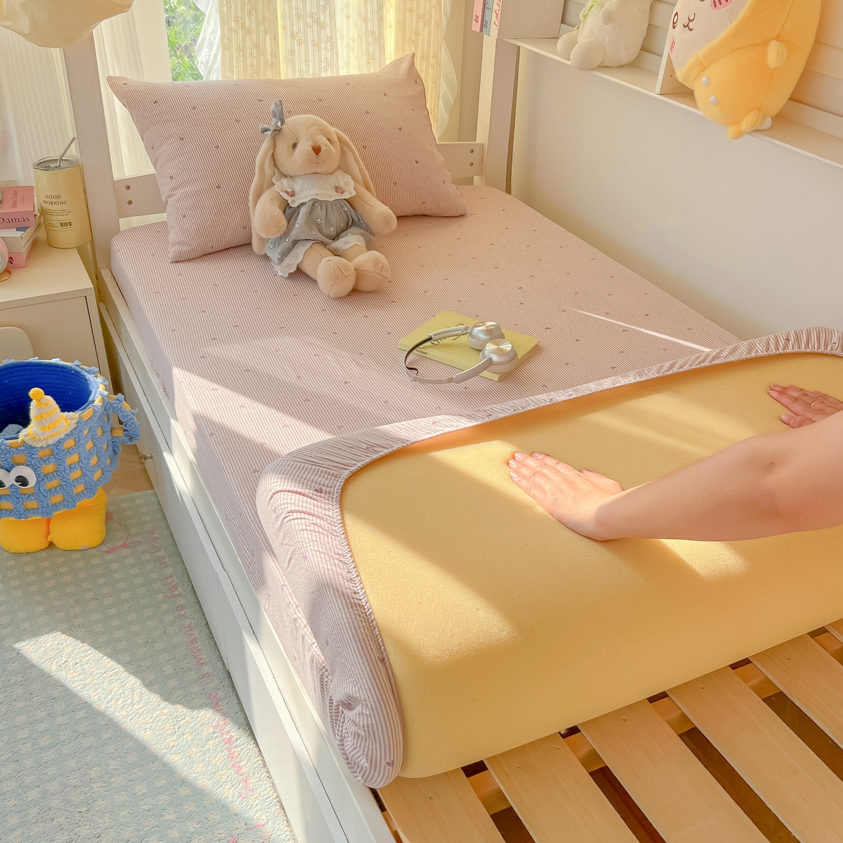 91家纺网 家纺一手货源 找家纺 韩巢家纺 2025新款双层纱学生宿舍寝室床笠单件单床笠上下铺防滑床单床垫套 紫倾心