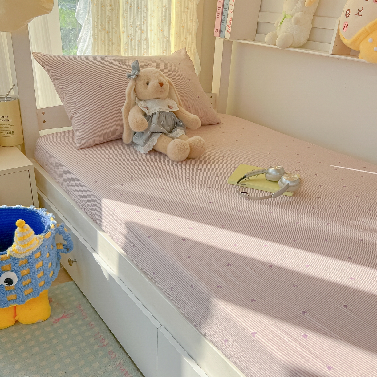 91家纺网 家纺一手货源 找家纺 韩巢家纺 2025新款双层纱学生宿舍寝室床笠单件单床笠上下铺防滑床单床垫套 紫倾心