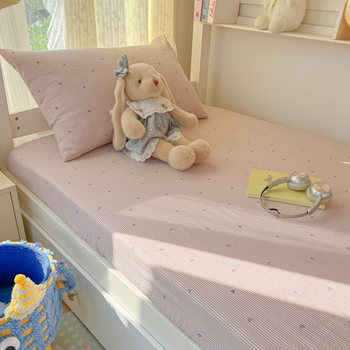 91家纺网 家纺一手货源 找家纺 韩巢家纺 2025新款双层纱学生宿舍寝室床笠单件单床笠上下铺防滑床单床垫套 紫倾心