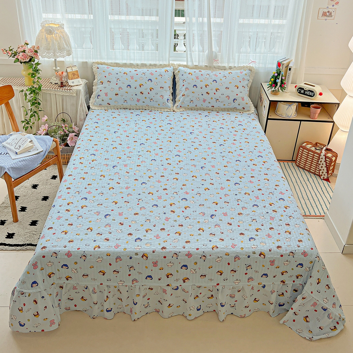 91家纺网 家纺一手货源 找家纺 富米莱（原臻工厂） 2025新款全棉蝴蝶花边热销款韩式云感亲肤棉床盖床裙四件套 阿呆-蓝（蝴蝶花边款）