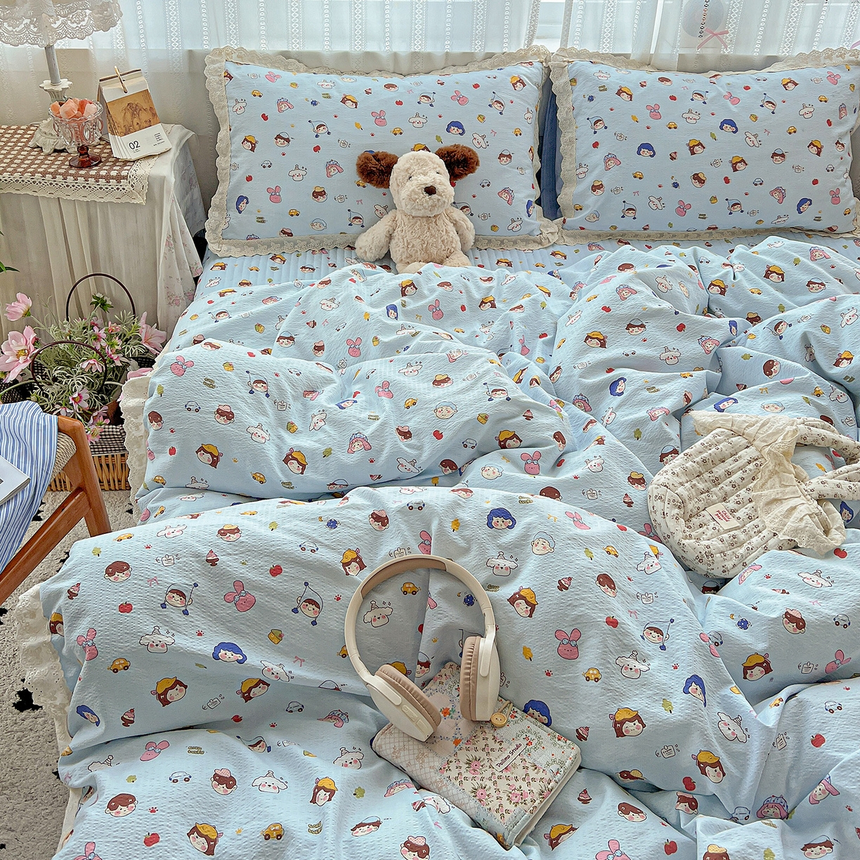 91家纺网 家纺一手货源 找家纺 富米莱（原臻工厂） 2025新款全棉蝴蝶花边热销款韩式云感亲肤棉床盖床裙四件套 阿呆-蓝（蝴蝶花边款）