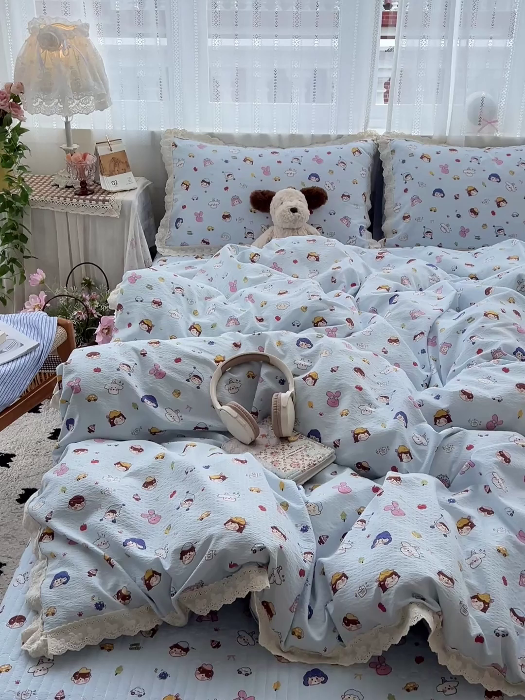 91家纺网 家纺一手货源 找家纺 富米莱（原臻工厂） 2025新款全棉蝴蝶花边热销款韩式云感亲肤棉床盖床裙四件套 阿呆-蓝（蝴蝶花边款）