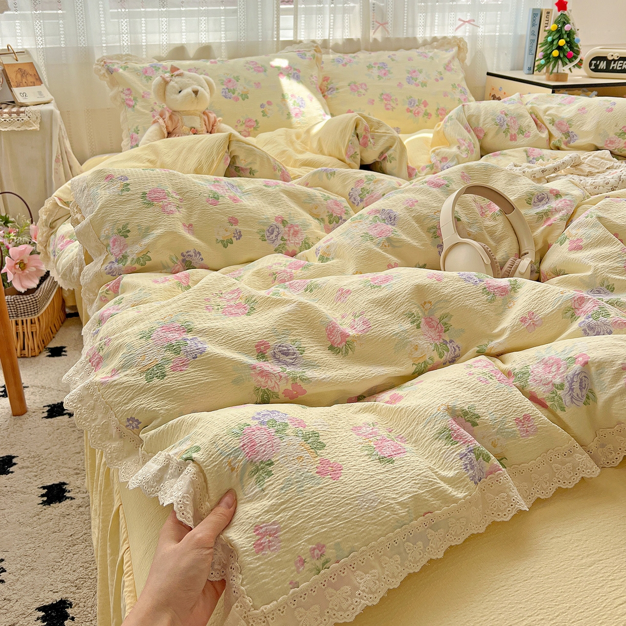 91家纺网 家纺一手货源 找家纺 富米莱（原臻工厂） 2025新款全棉蝴蝶花边热销款韩式云感亲肤棉床盖床裙四件套 安娜（蝴蝶花边款）