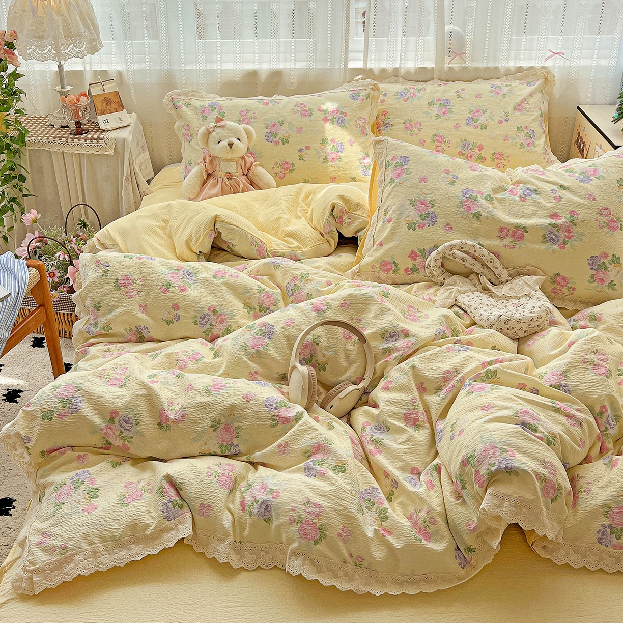 91家纺网 家纺一手货源 找家纺 富米莱（原臻工厂） 2025新款全棉蝴蝶花边热销款韩式云感亲肤棉床盖床裙四件套 安娜（蝴蝶花边款）