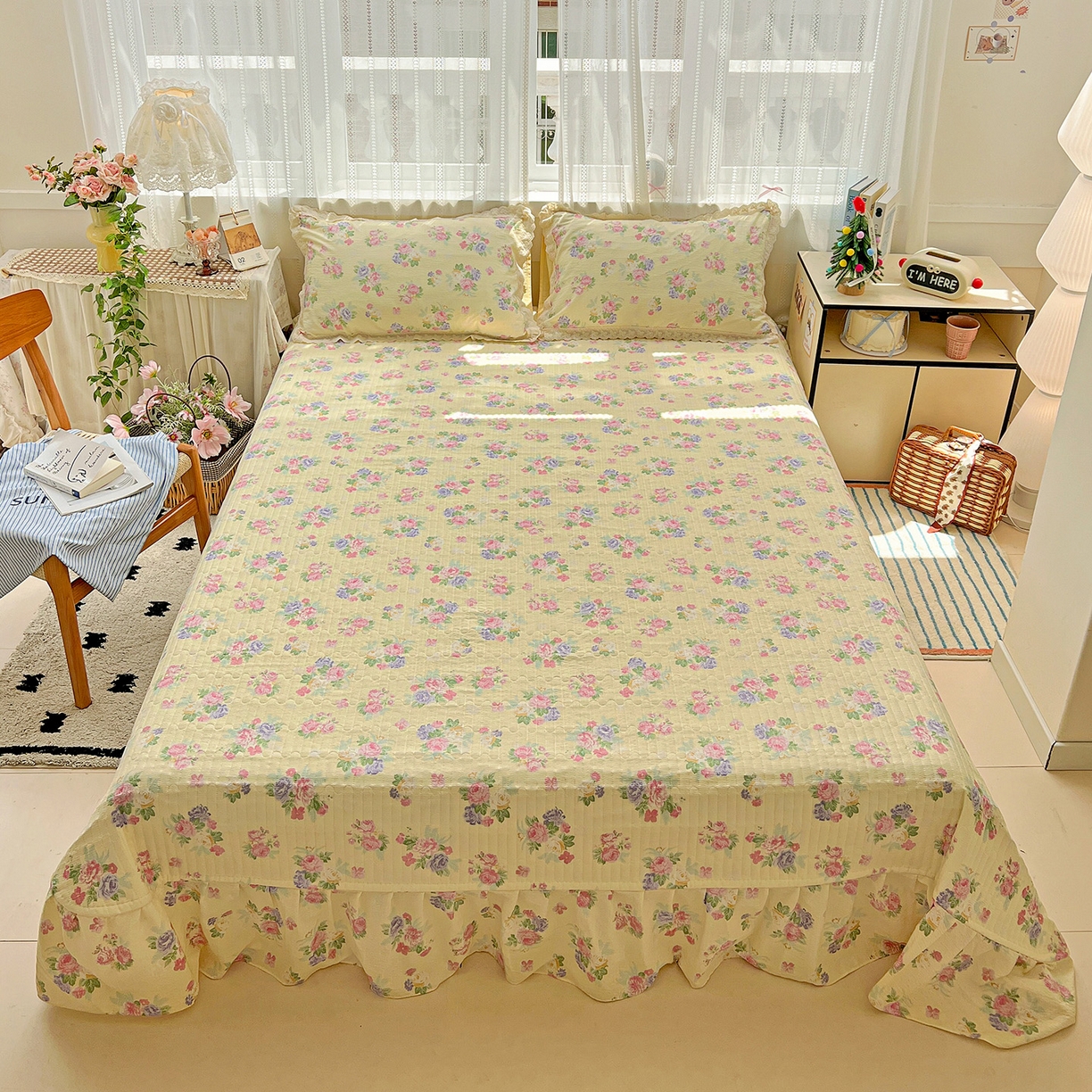 91家纺网 家纺一手货源 找家纺 富米莱（原臻工厂） 2025新款全棉蝴蝶花边热销款韩式云感亲肤棉床盖床裙四件套 安娜（蝴蝶花边款）