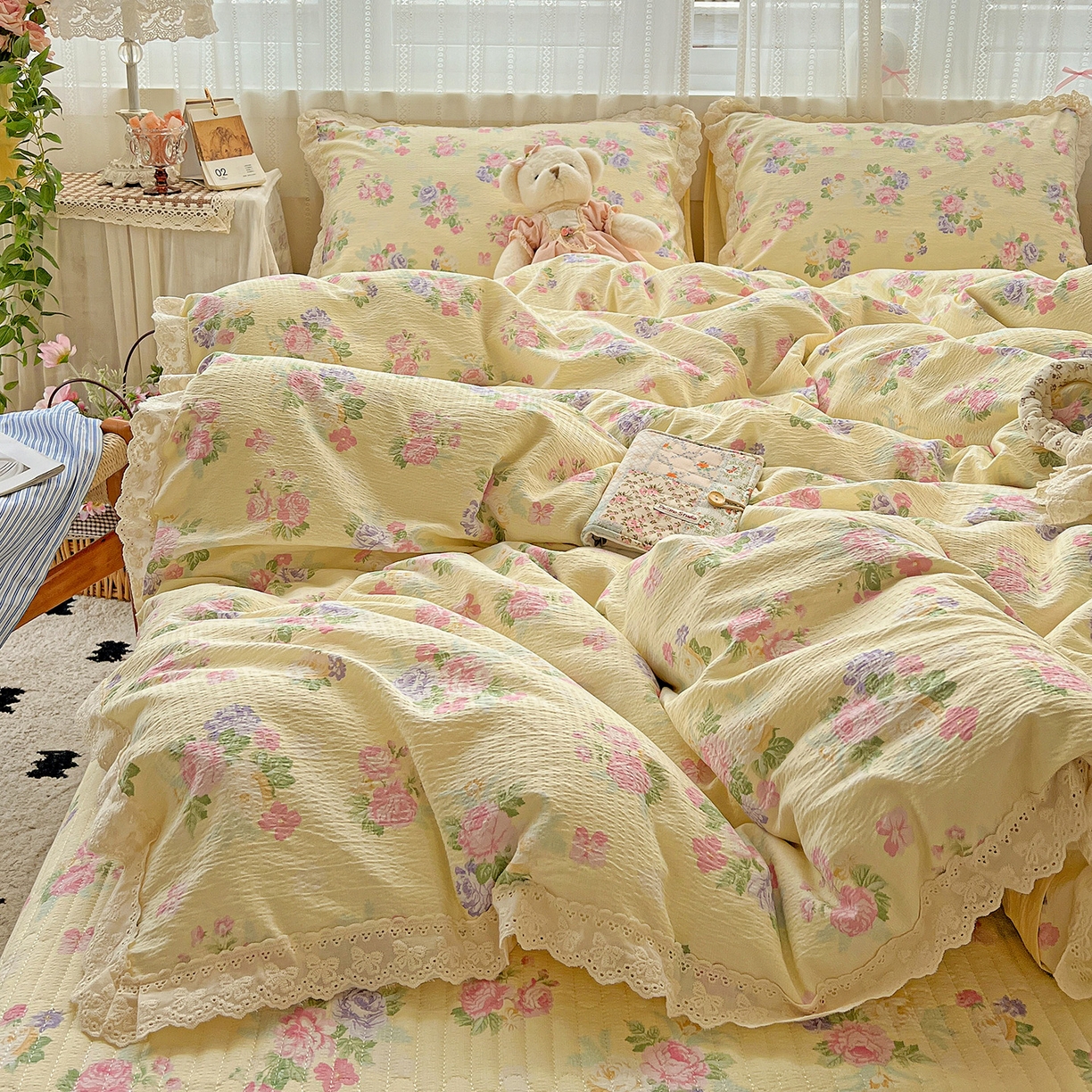 91家纺网 家纺一手货源 找家纺 富米莱（原臻工厂） 2025新款全棉蝴蝶花边热销款韩式云感亲肤棉床盖床裙四件套 安娜（蝴蝶花边款）