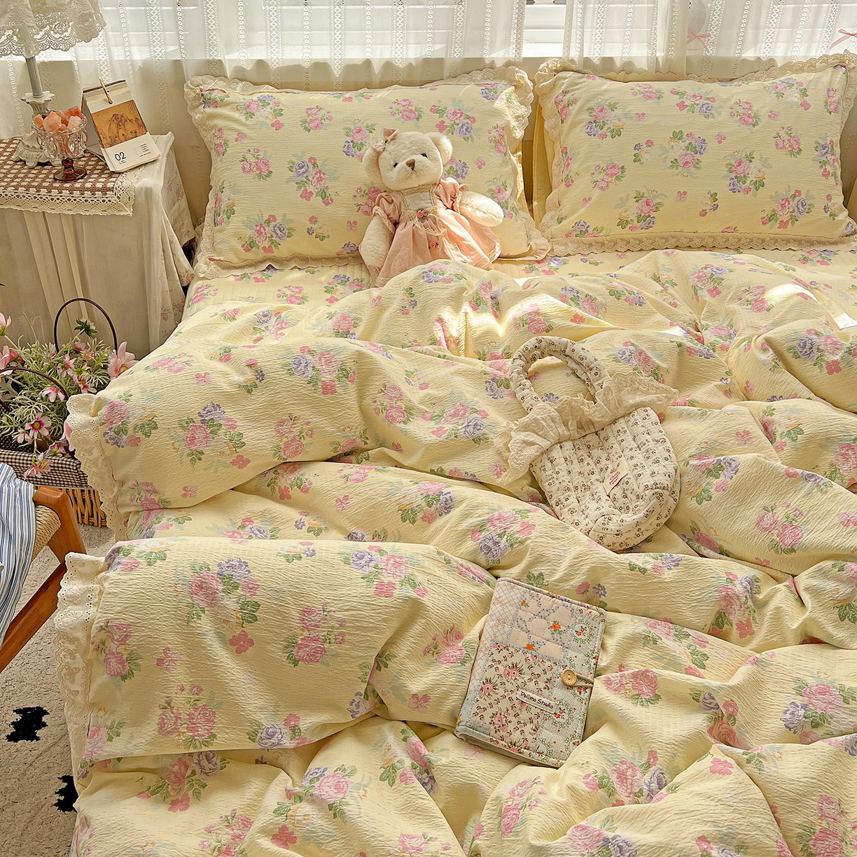 91家纺网 家纺一手货源 找家纺 富米莱（原臻工厂） 2025新款全棉蝴蝶花边热销款韩式云感亲肤棉床盖床裙四件套 安娜（蝴蝶花边款）