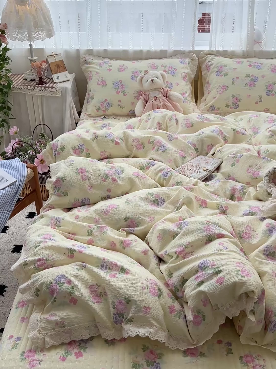 91家纺网 家纺一手货源 找家纺 富米莱（原臻工厂） 2025新款全棉蝴蝶花边热销款韩式云感亲肤棉床盖床裙四件套 安娜（蝴蝶花边款）