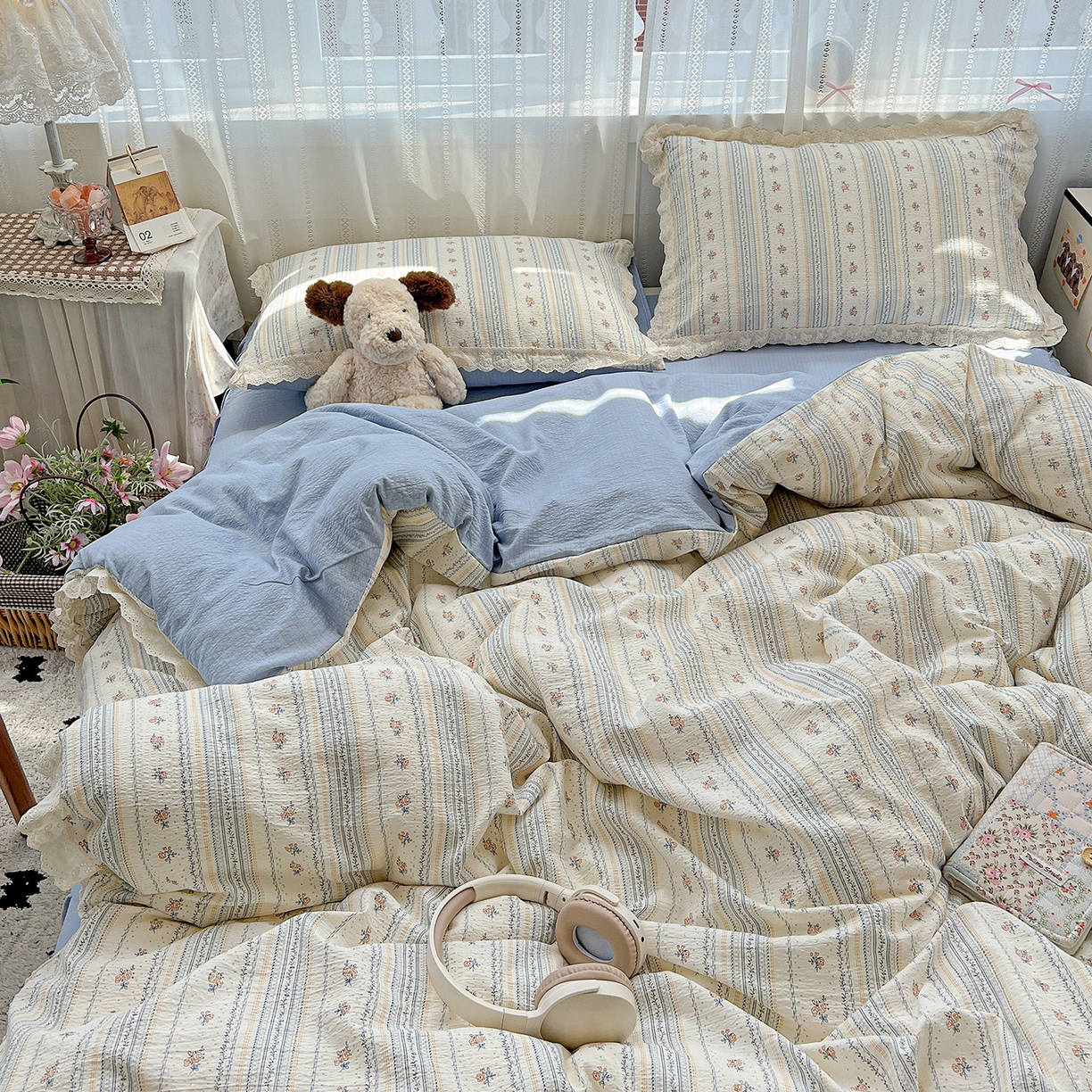 91家纺网 家纺一手货源 找家纺 富米莱（原臻工厂） 2025新款全棉蝴蝶花边热销款韩式云感亲肤棉床盖床裙四件套 白兰地（蝴蝶花边款）