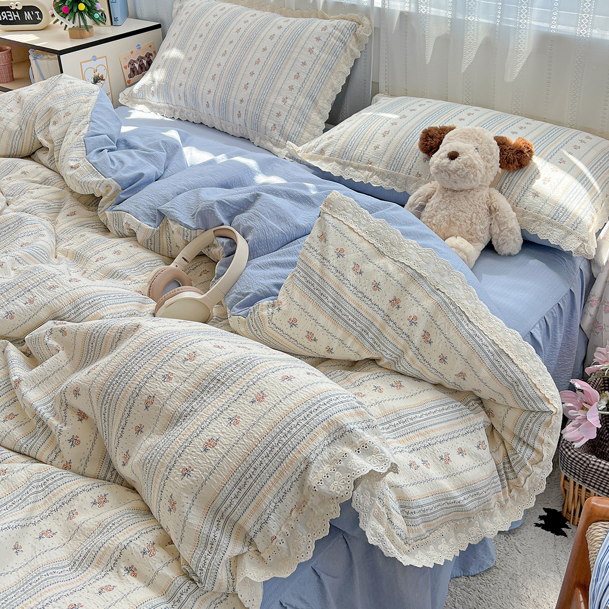 91家纺网 家纺一手货源 找家纺 富米莱（原臻工厂） 2025新款全棉蝴蝶花边热销款韩式云感亲肤棉床盖床裙四件套 白兰地（蝴蝶花边款）