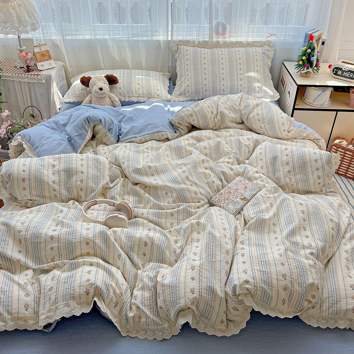 91家纺网 家纺一手货源 找家纺 富米莱（原臻工厂） 2025新款全棉蝴蝶花边热销款韩式云感亲肤棉床盖床裙四件套 白兰地（蝴蝶花边款）