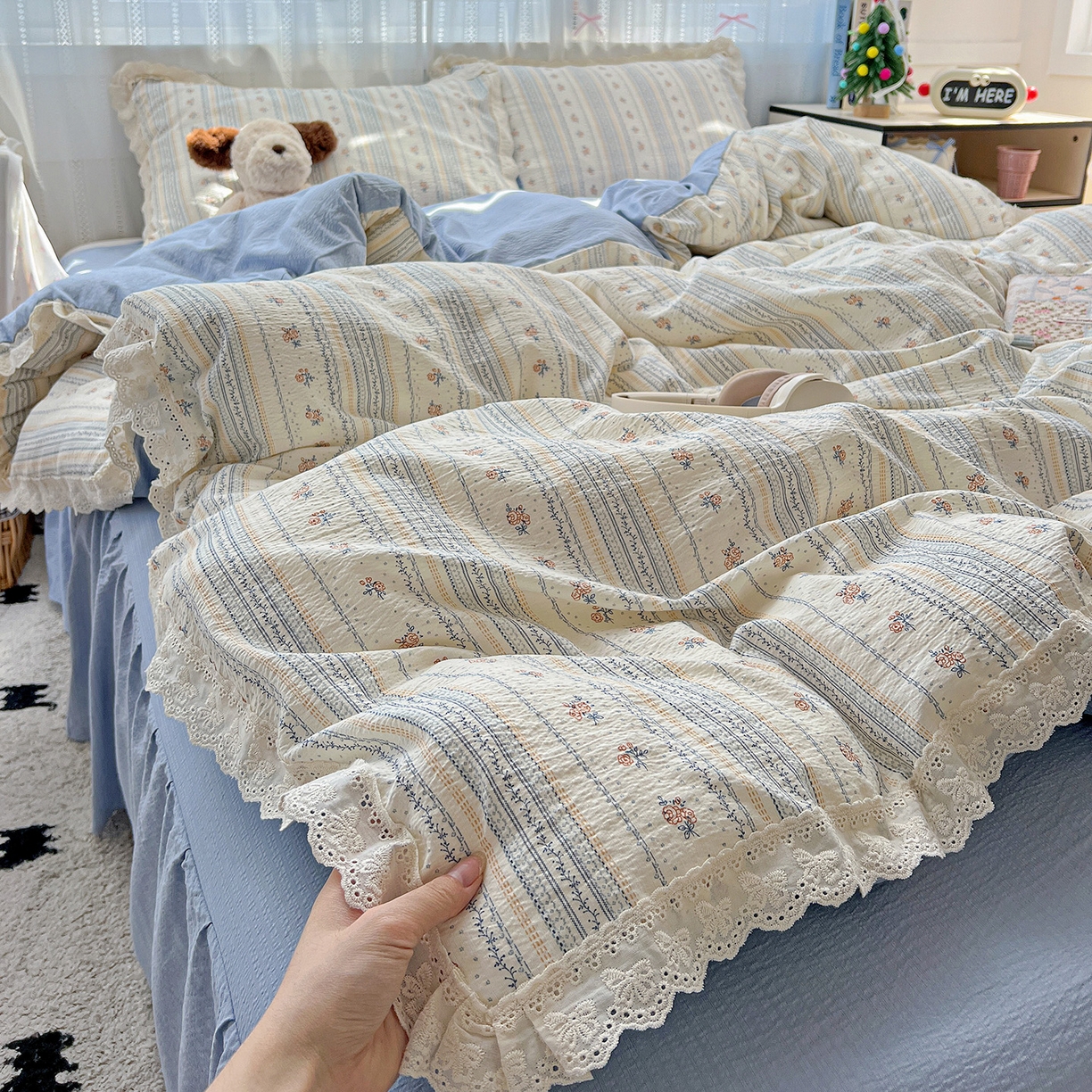 91家纺网 家纺一手货源 找家纺 富米莱（原臻工厂） 2025新款全棉蝴蝶花边热销款韩式云感亲肤棉床盖床裙四件套 白兰地（蝴蝶花边款）