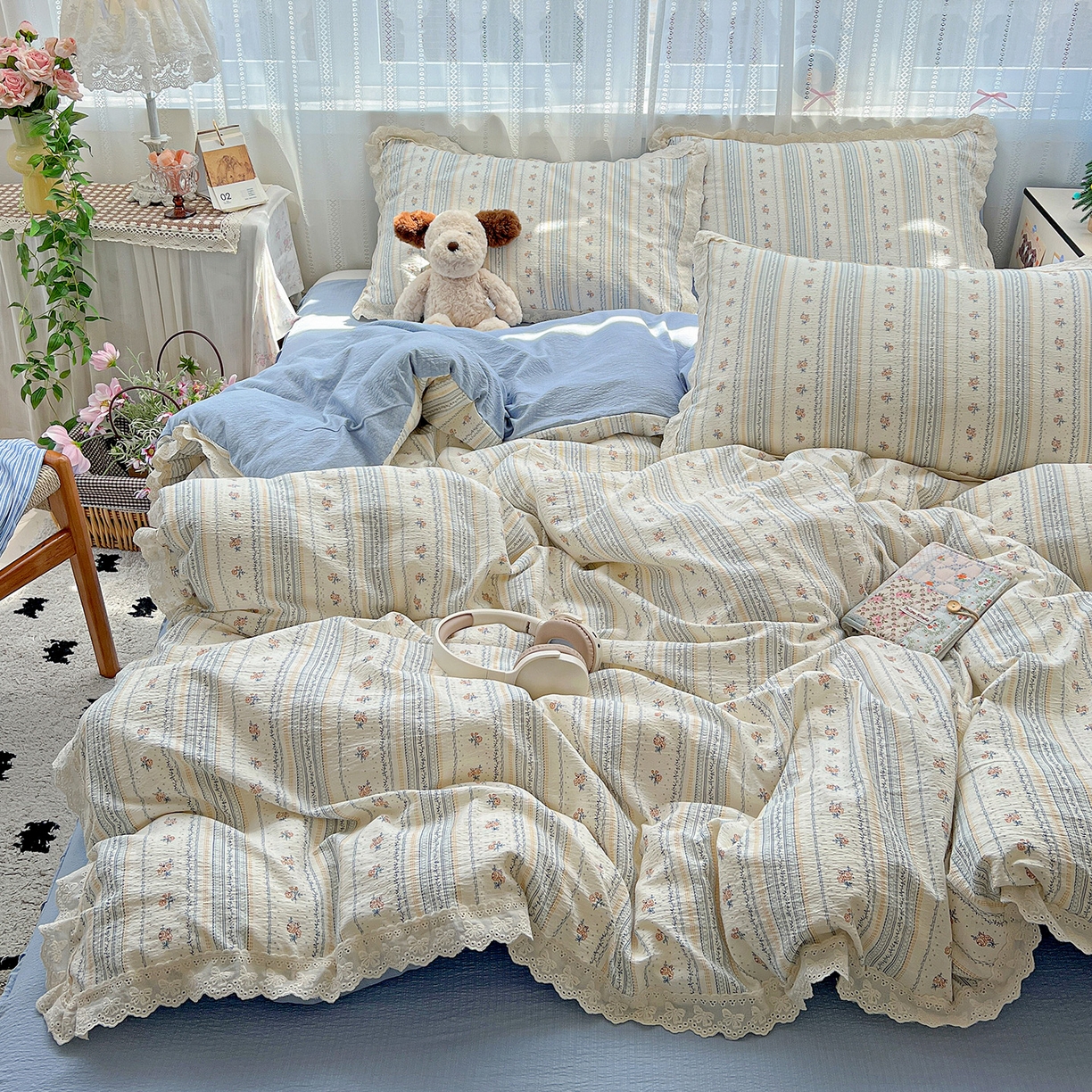 91家纺网 家纺一手货源 找家纺 富米莱（原臻工厂） 2025新款全棉蝴蝶花边热销款韩式云感亲肤棉床盖床裙四件套 白兰地（蝴蝶花边款）