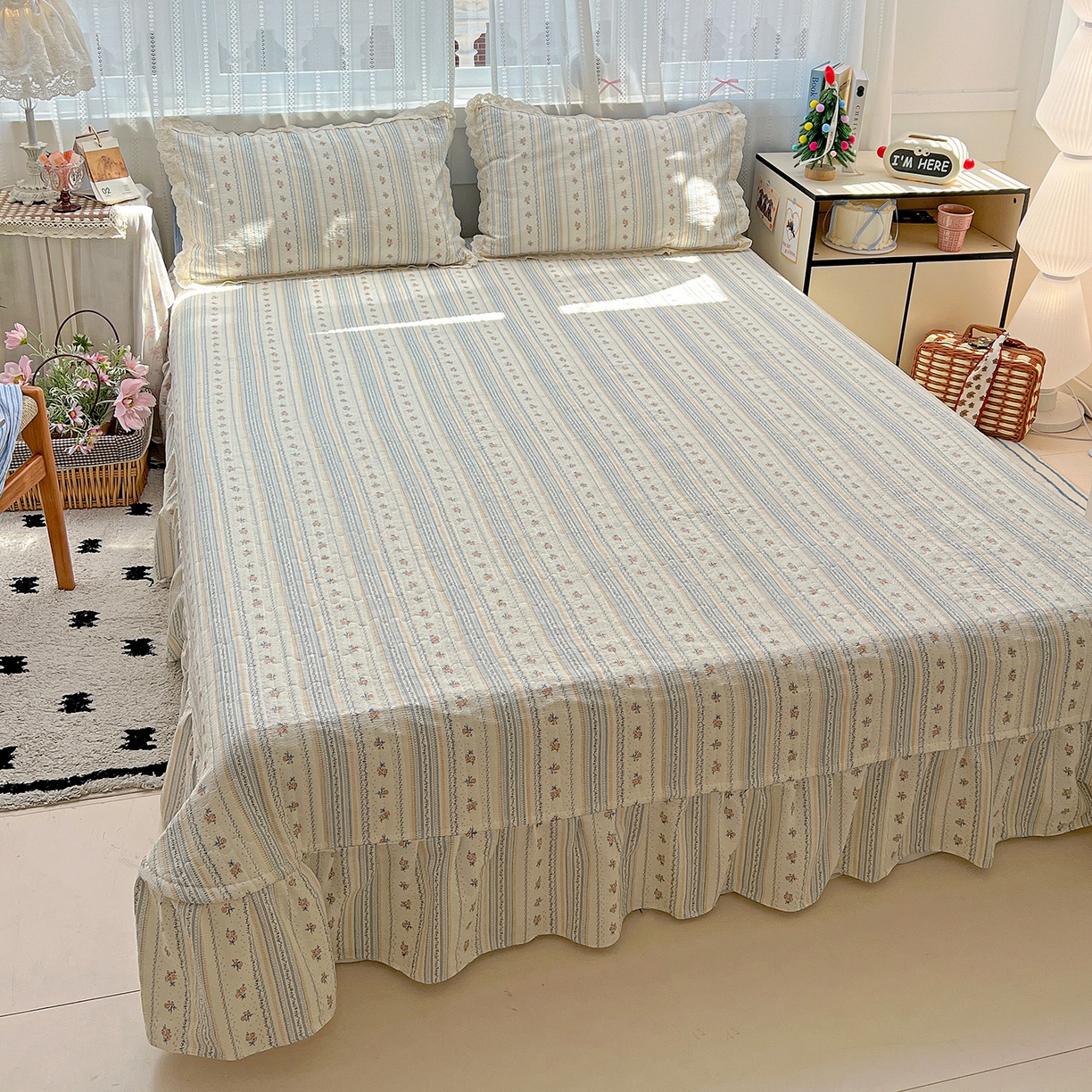 91家纺网 家纺一手货源 找家纺 富米莱（原臻工厂） 2025新款全棉蝴蝶花边热销款韩式云感亲肤棉床盖床裙四件套 白兰地（蝴蝶花边款）