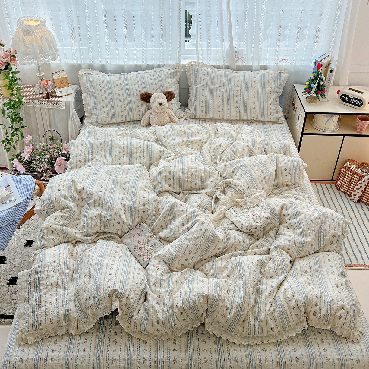 91家纺网 家纺一手货源 找家纺 富米莱（原臻工厂） 2025新款全棉蝴蝶花边热销款韩式云感亲肤棉床盖床裙四件套 白兰地（蝴蝶花边款）