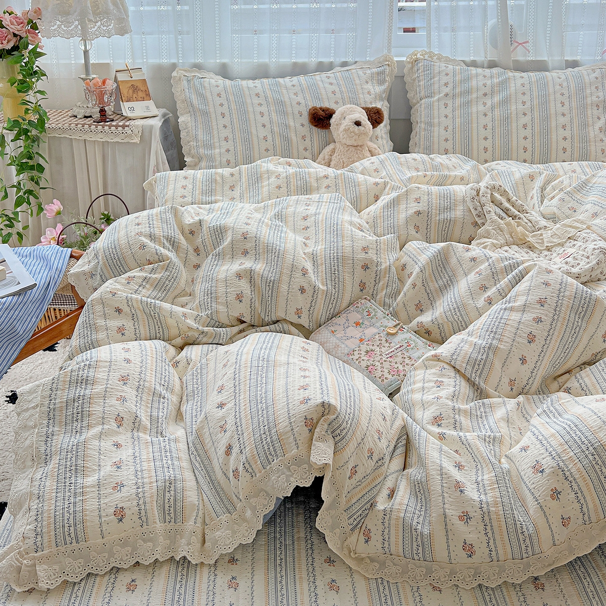 91家纺网 家纺一手货源 找家纺 富米莱（原臻工厂） 2025新款全棉蝴蝶花边热销款韩式云感亲肤棉床盖床裙四件套 白兰地（蝴蝶花边款）