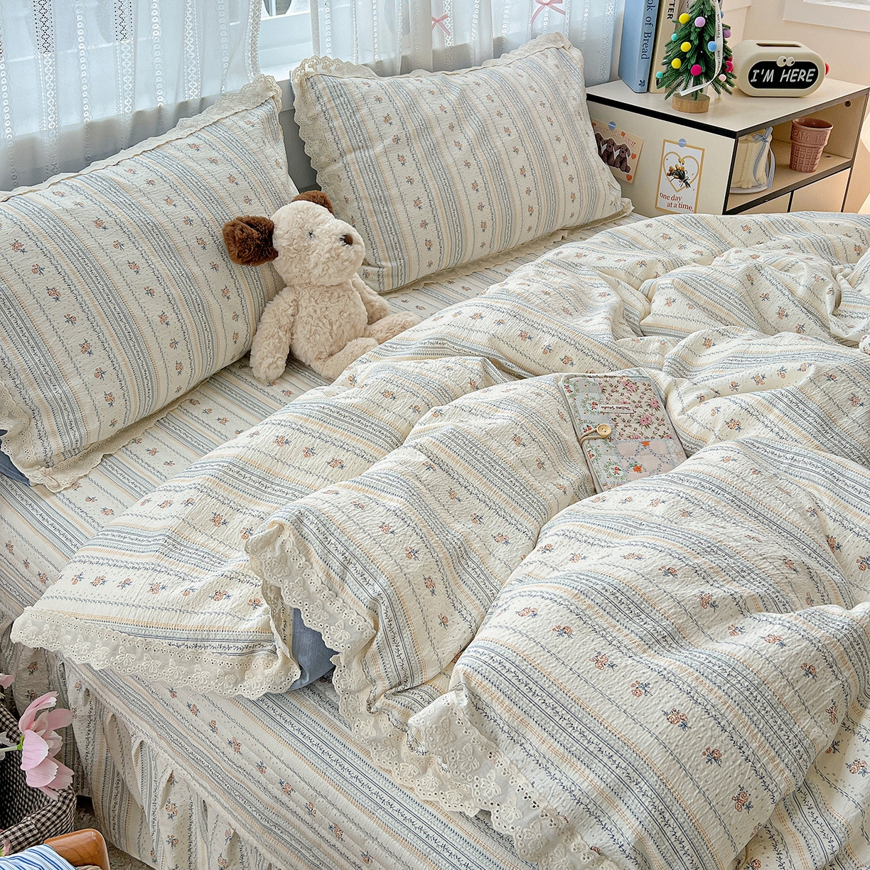 91家纺网 家纺一手货源 找家纺 富米莱（原臻工厂） 2025新款全棉蝴蝶花边热销款韩式云感亲肤棉床盖床裙四件套 白兰地（蝴蝶花边款）