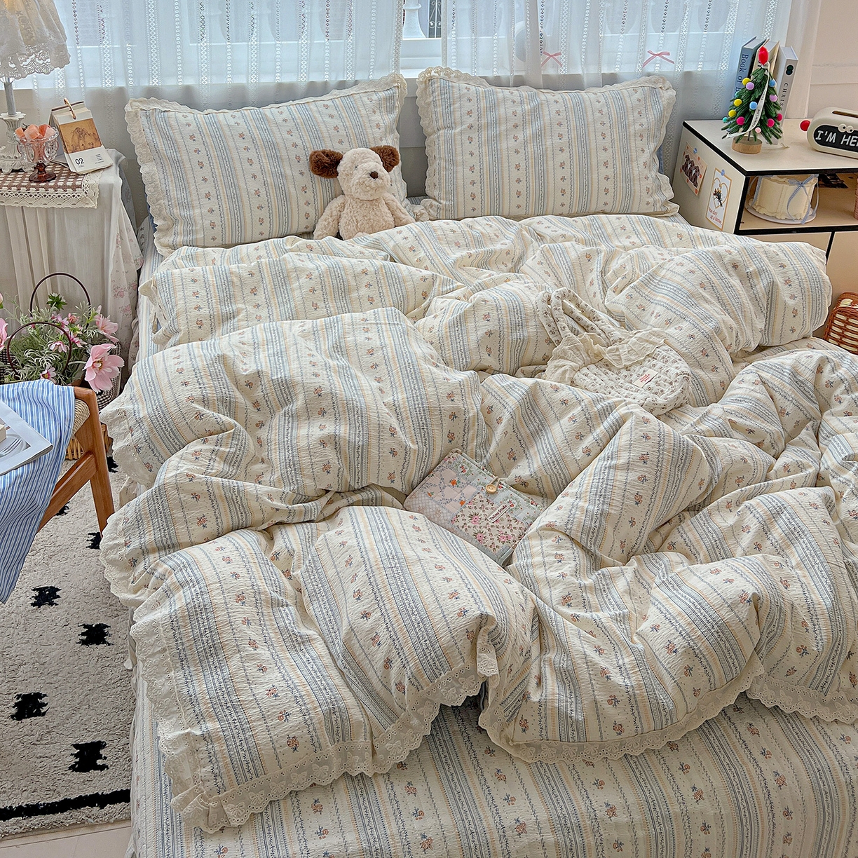 91家纺网 家纺一手货源 找家纺 富米莱（原臻工厂） 2025新款全棉蝴蝶花边热销款韩式云感亲肤棉床盖床裙四件套 白兰地（蝴蝶花边款）