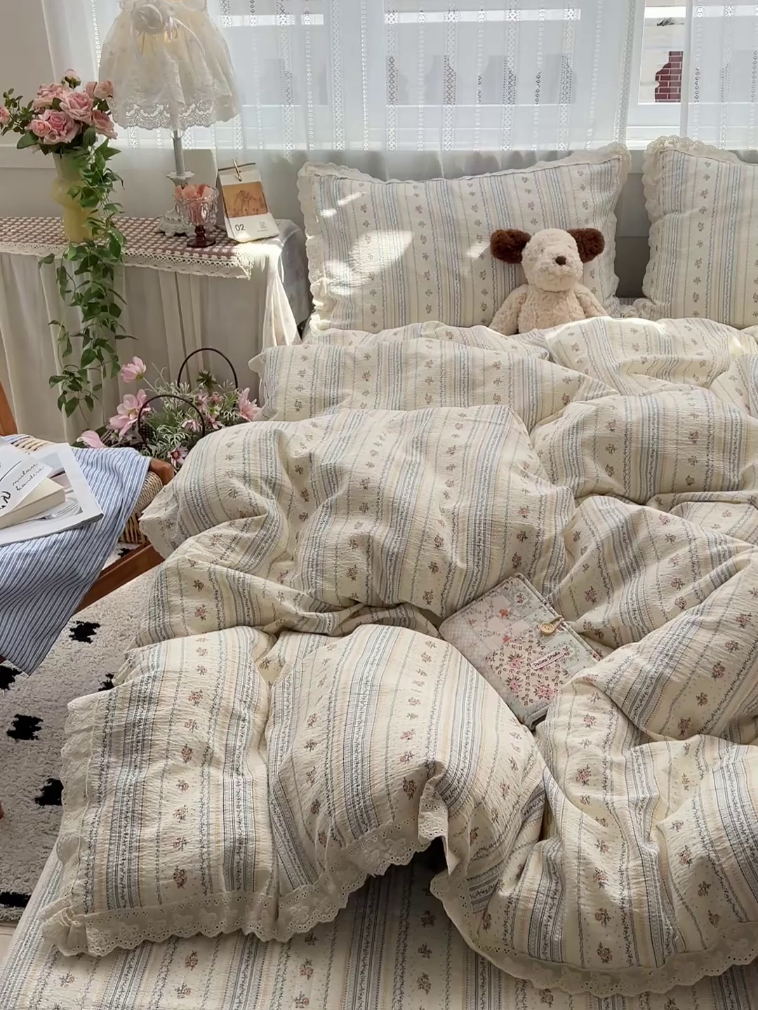 91家纺网 家纺一手货源 找家纺 富米莱（原臻工厂） 2025新款全棉蝴蝶花边热销款韩式云感亲肤棉床盖床裙四件套 白兰地（蝴蝶花边款）