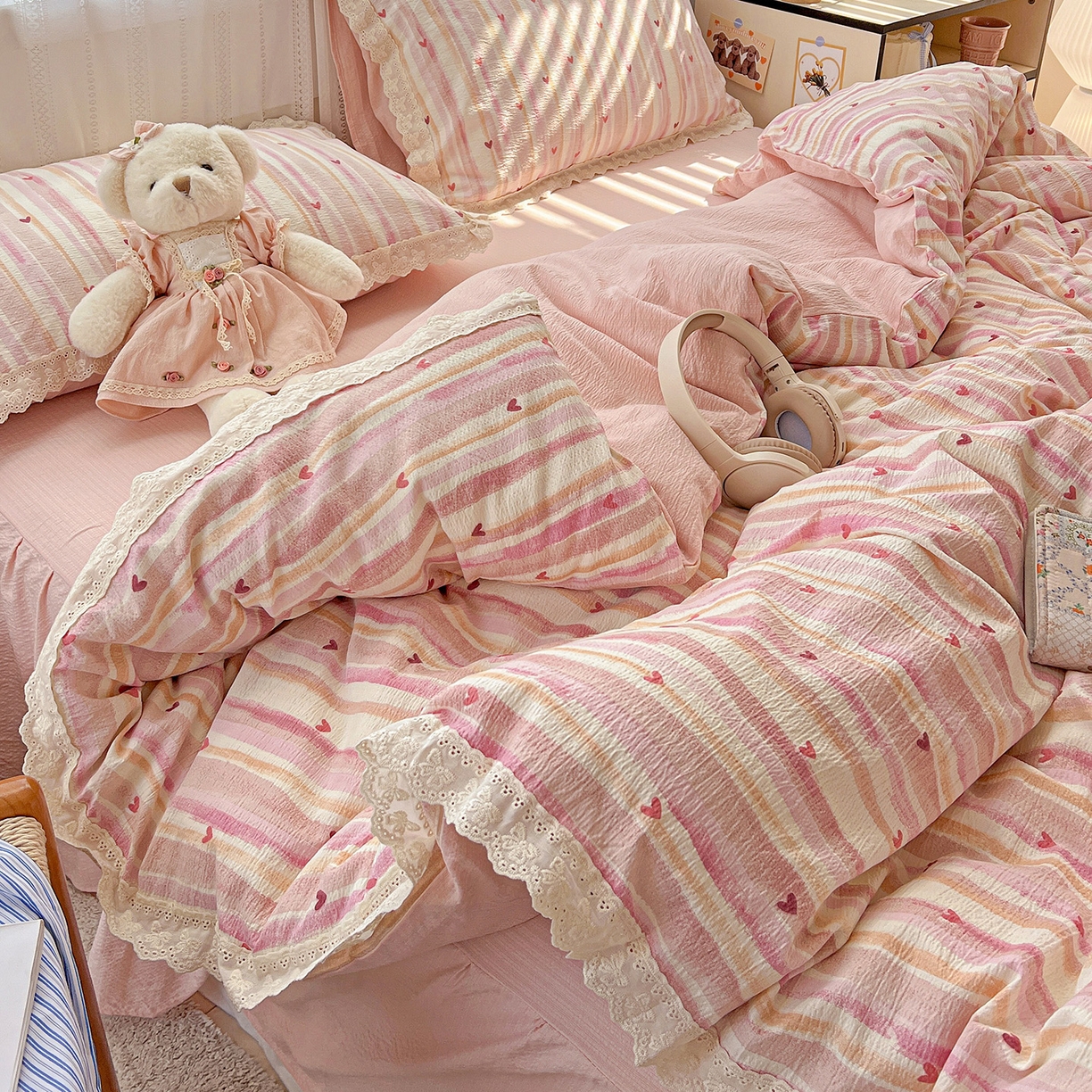 富米莱（原臻工厂） 2025新款全棉蝴蝶花边热销款韩式云感亲肤棉床盖床裙四件套 红爱心（蝴蝶花边款）