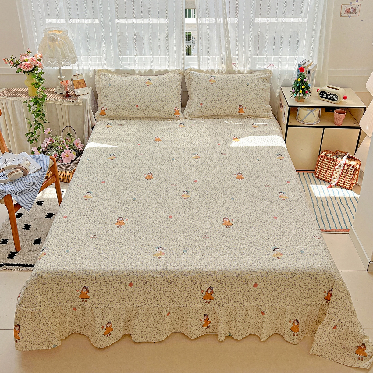 91家纺网 家纺一手货源 找家纺 富米莱（原臻工厂） 2025新款全棉蝴蝶花边热销款韩式云感亲肤棉床盖床裙四件套 可爱小女孩（蝴蝶花边款）