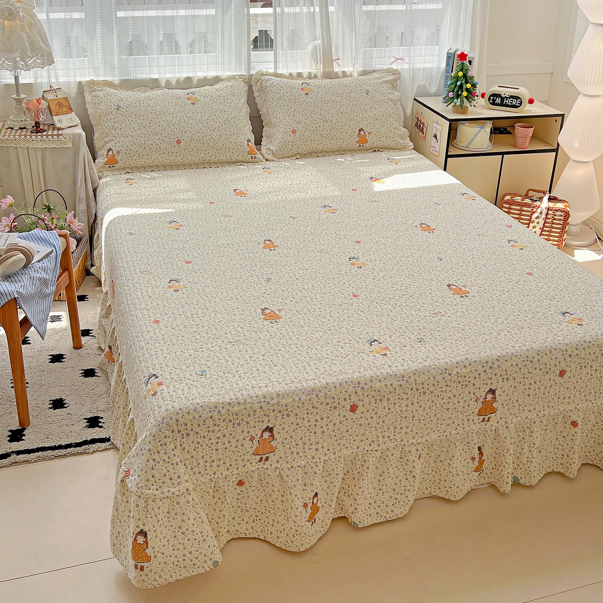 91家纺网 家纺一手货源 找家纺 富米莱（原臻工厂） 2025新款全棉蝴蝶花边热销款韩式云感亲肤棉床盖床裙四件套 可爱小女孩（蝴蝶花边款）