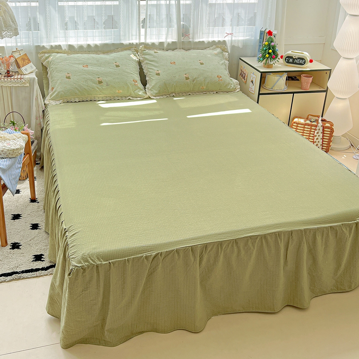 91家纺网 家纺一手货源 找家纺 富米莱（原臻工厂） 2025新款全棉蝴蝶花边热销款韩式云感亲肤棉床盖床裙四件套 快乐小象（蝴蝶花边款）