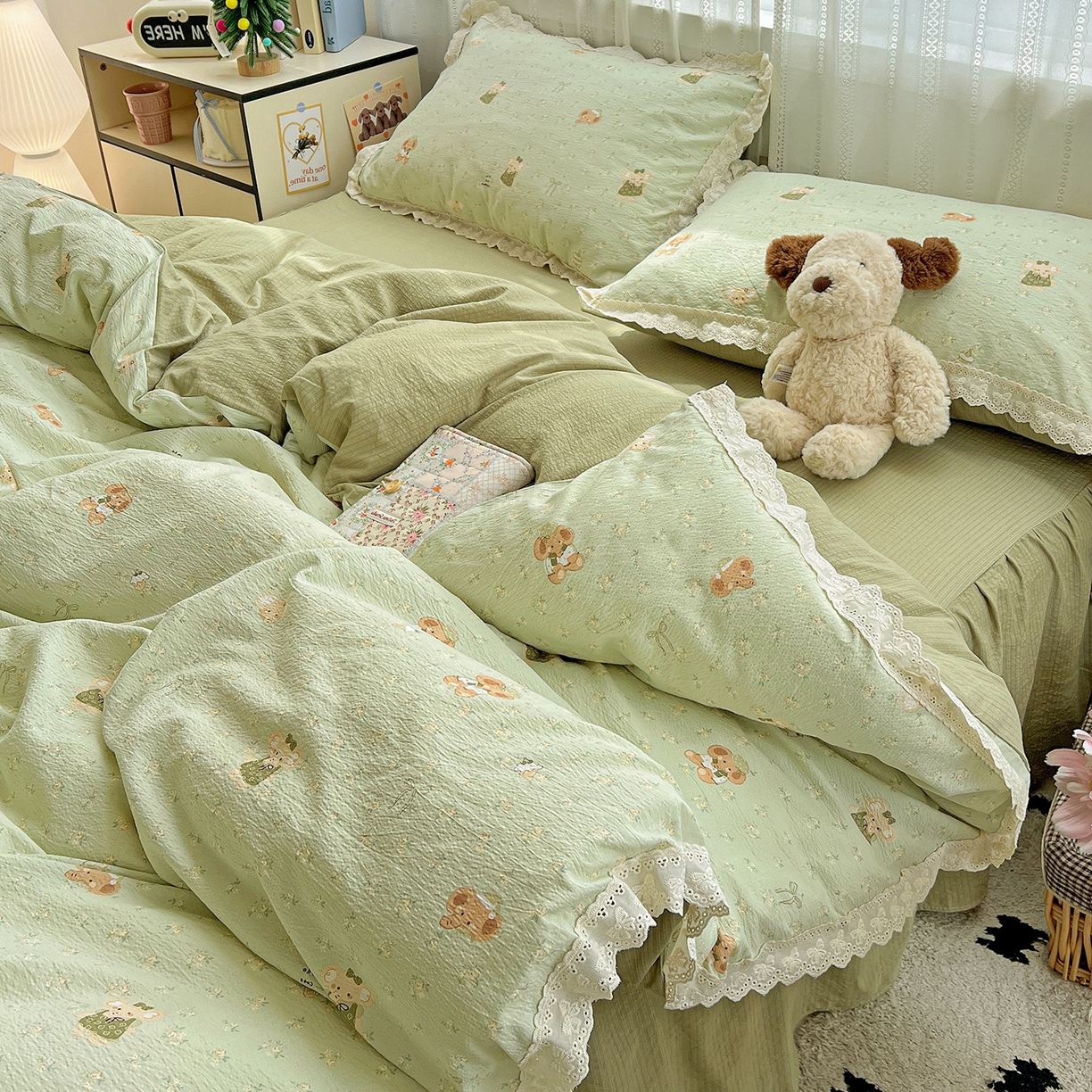 91家纺网 家纺一手货源 找家纺 富米莱（原臻工厂） 2025新款全棉蝴蝶花边热销款韩式云感亲肤棉床盖床裙四件套 快乐小象（蝴蝶花边款）