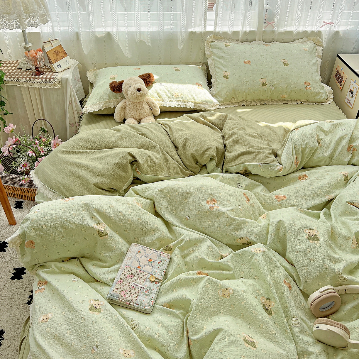 91家纺网 家纺一手货源 找家纺 富米莱（原臻工厂） 2025新款全棉蝴蝶花边热销款韩式云感亲肤棉床盖床裙四件套 快乐小象（蝴蝶花边款）