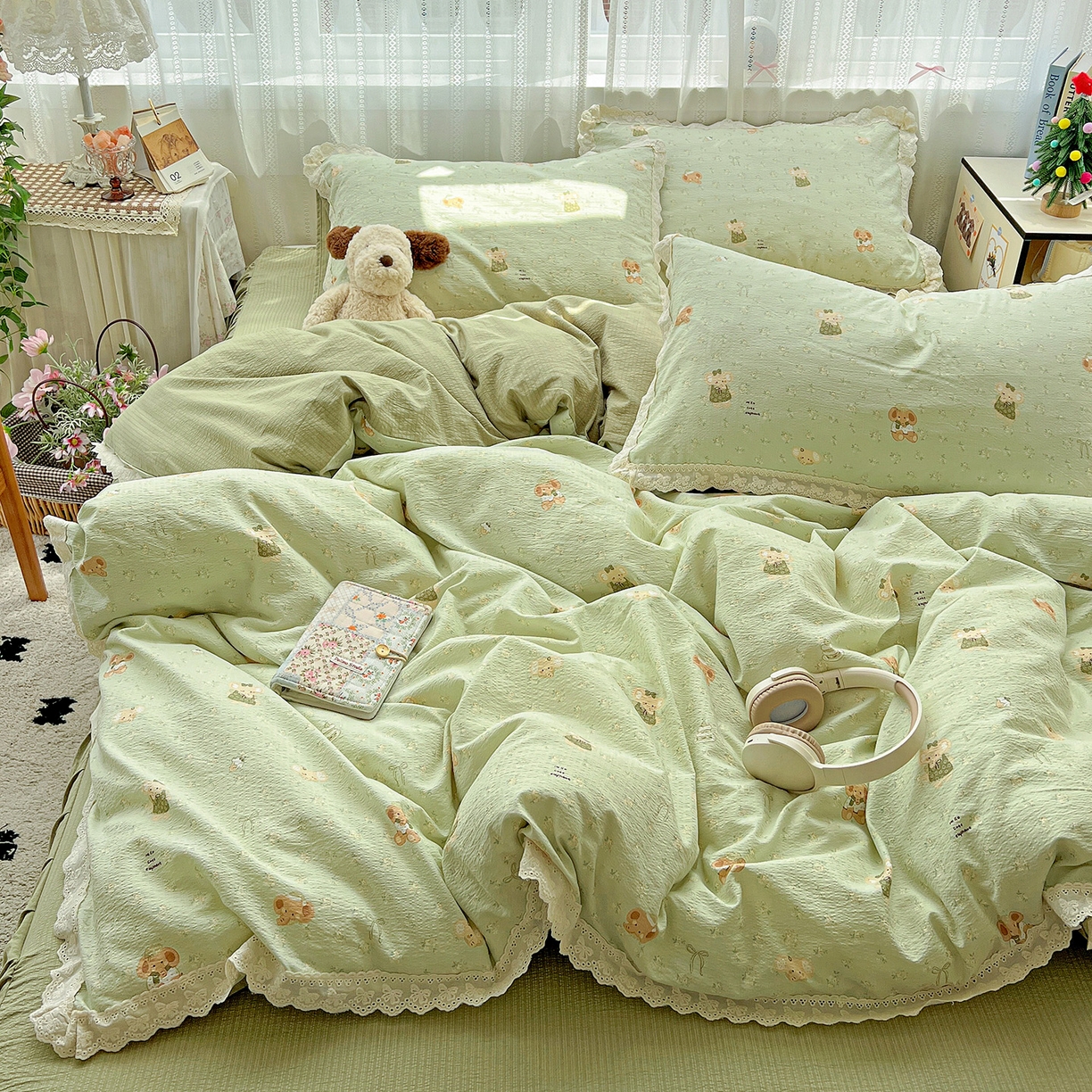 91家纺网 家纺一手货源 找家纺 富米莱（原臻工厂） 2025新款全棉蝴蝶花边热销款韩式云感亲肤棉床盖床裙四件套 快乐小象（蝴蝶花边款）