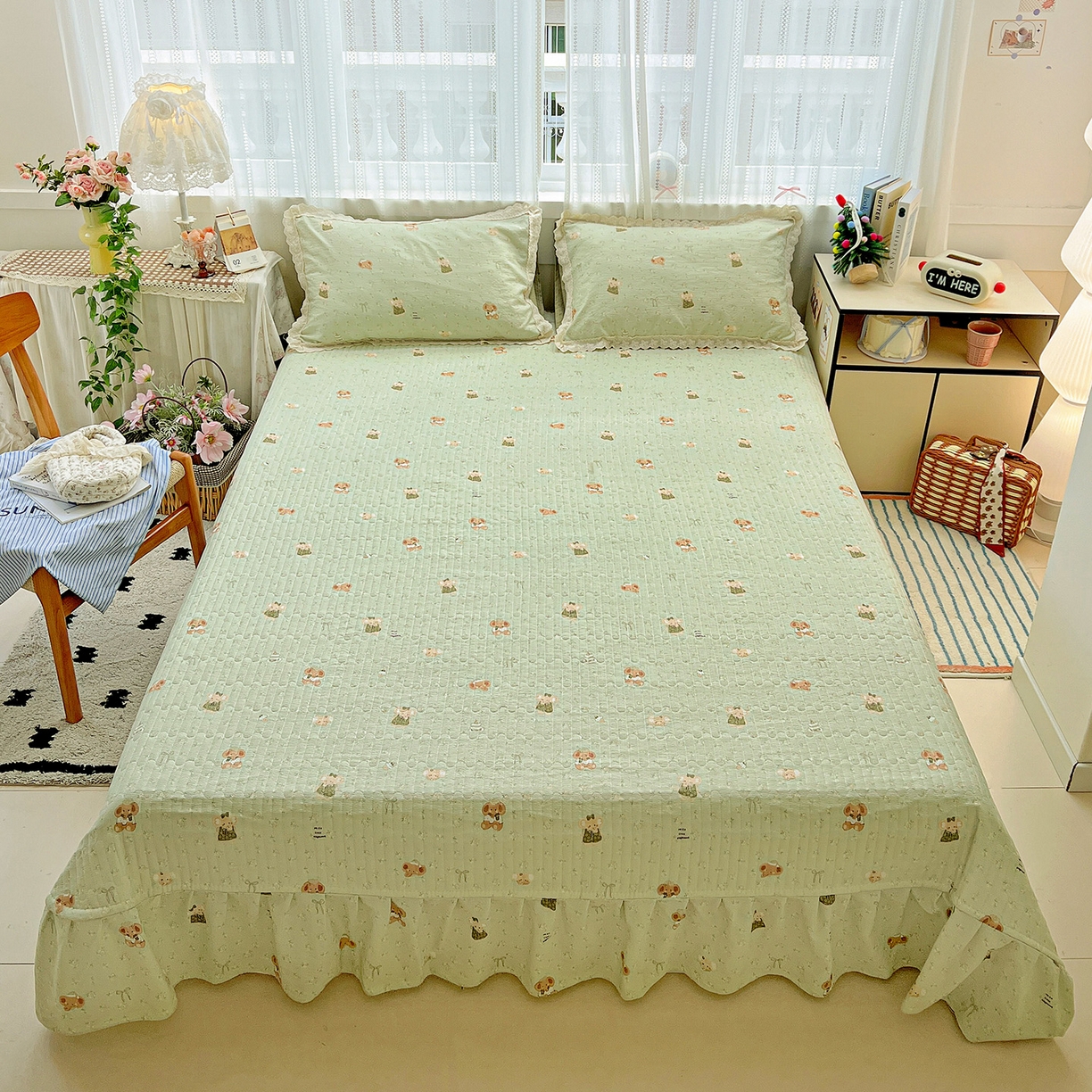 91家纺网 家纺一手货源 找家纺 富米莱（原臻工厂） 2025新款全棉蝴蝶花边热销款韩式云感亲肤棉床盖床裙四件套 快乐小象（蝴蝶花边款）