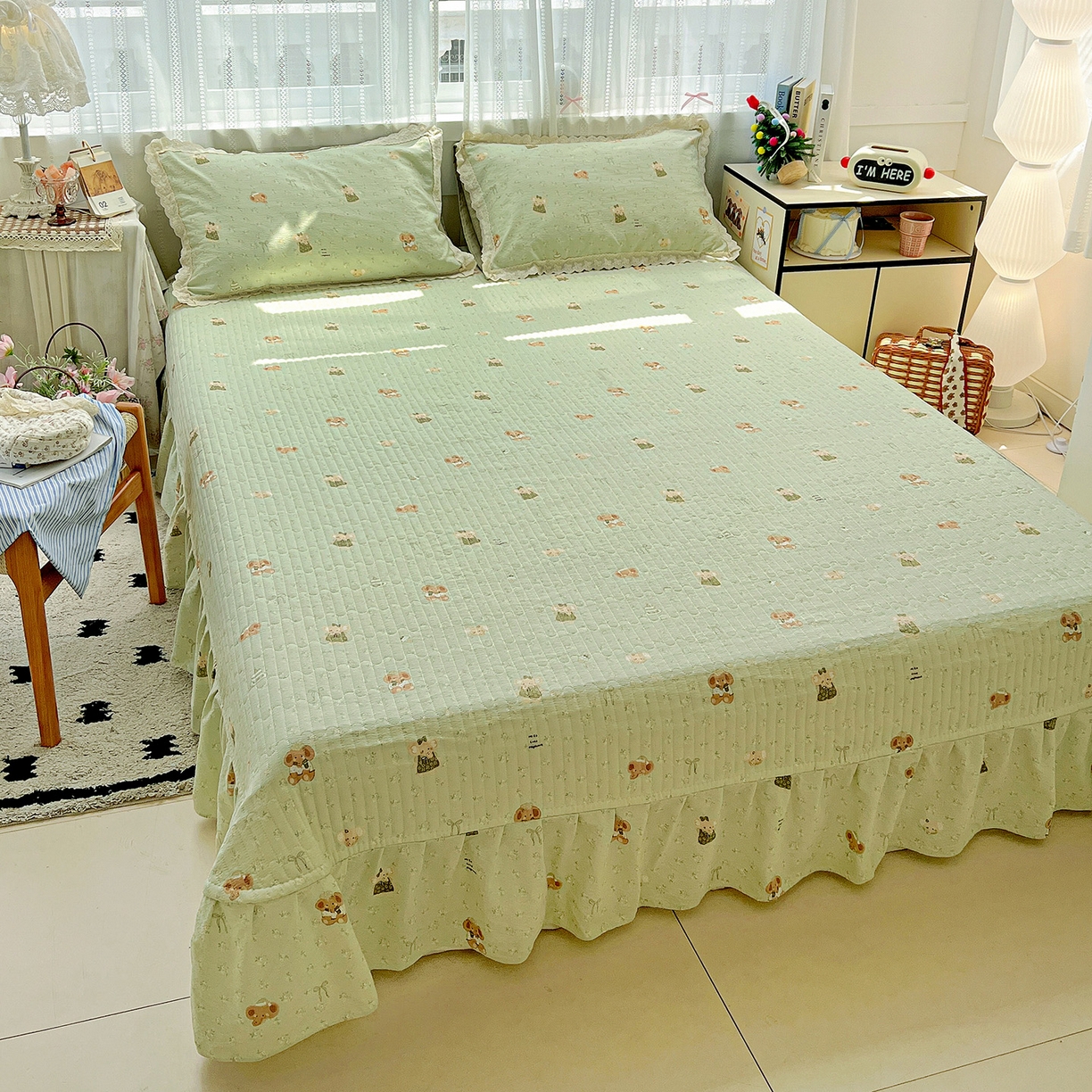 91家纺网 家纺一手货源 找家纺 富米莱（原臻工厂） 2025新款全棉蝴蝶花边热销款韩式云感亲肤棉床盖床裙四件套 快乐小象（蝴蝶花边款）