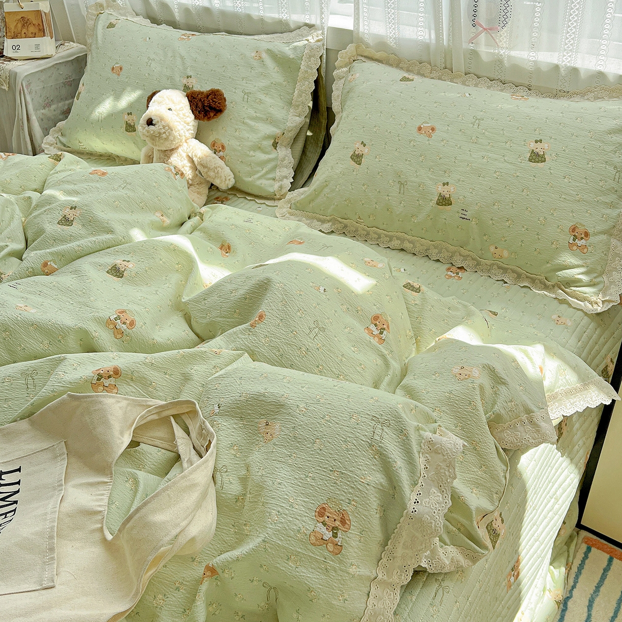 91家纺网 家纺一手货源 找家纺 富米莱（原臻工厂） 2025新款全棉蝴蝶花边热销款韩式云感亲肤棉床盖床裙四件套 快乐小象（蝴蝶花边款）