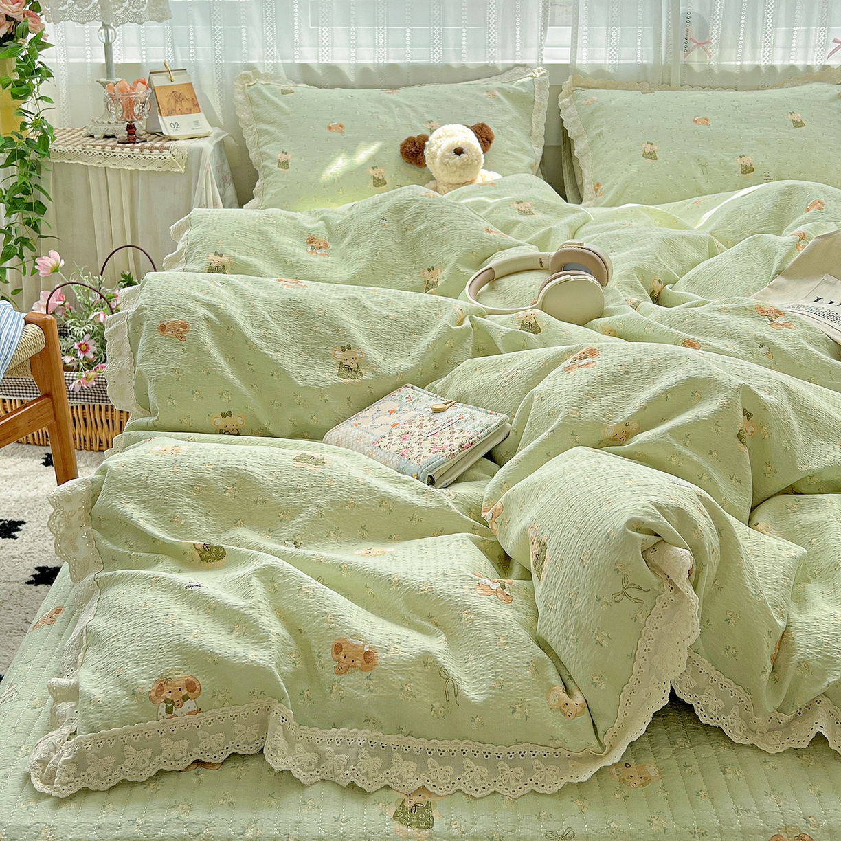 91家纺网 家纺一手货源 找家纺 富米莱（原臻工厂） 2025新款全棉蝴蝶花边热销款韩式云感亲肤棉床盖床裙四件套 快乐小象（蝴蝶花边款）