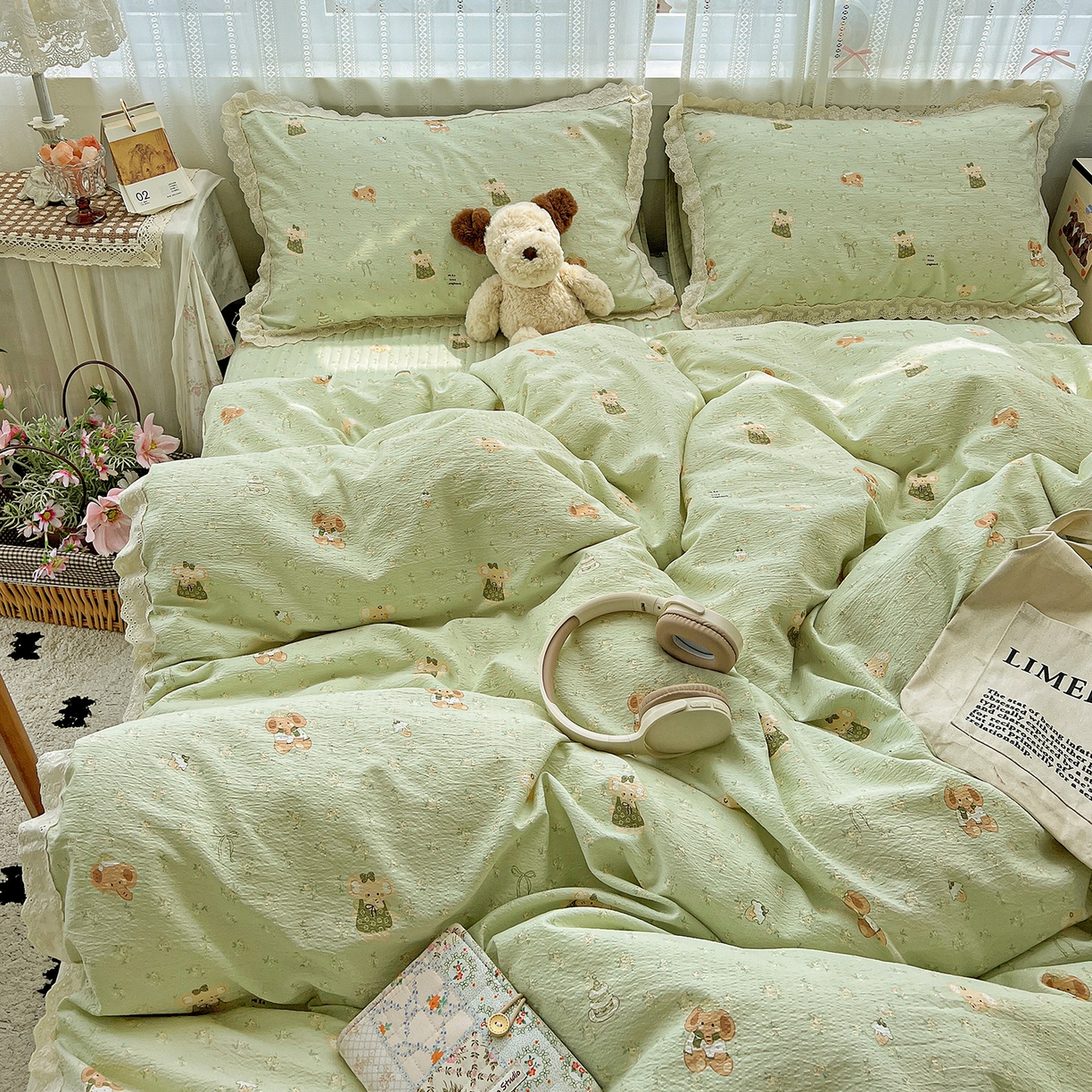 91家纺网 家纺一手货源 找家纺 富米莱（原臻工厂） 2025新款全棉蝴蝶花边热销款韩式云感亲肤棉床盖床裙四件套 快乐小象（蝴蝶花边款）