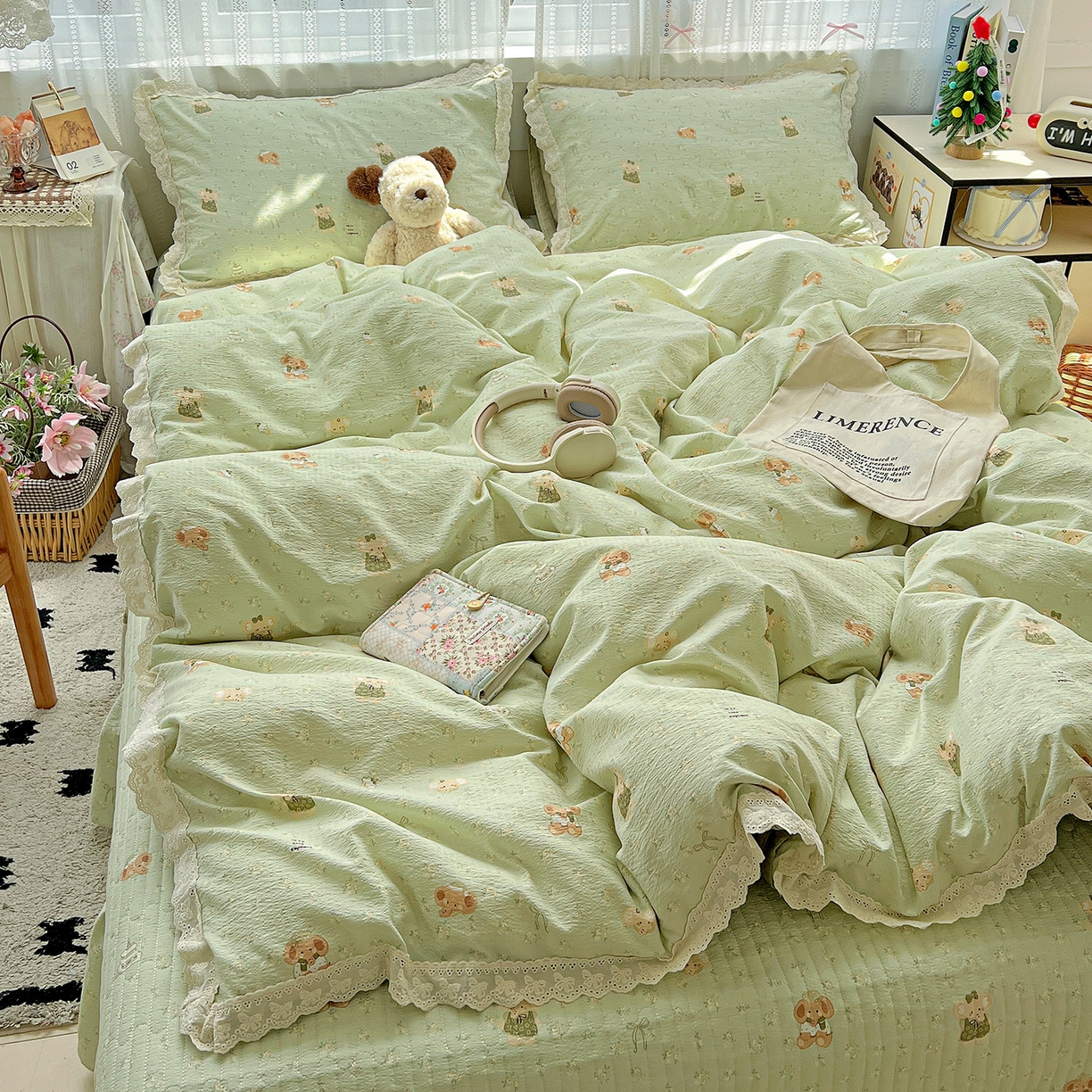 91家纺网 家纺一手货源 找家纺 富米莱（原臻工厂） 2025新款全棉蝴蝶花边热销款韩式云感亲肤棉床盖床裙四件套 快乐小象（蝴蝶花边款）