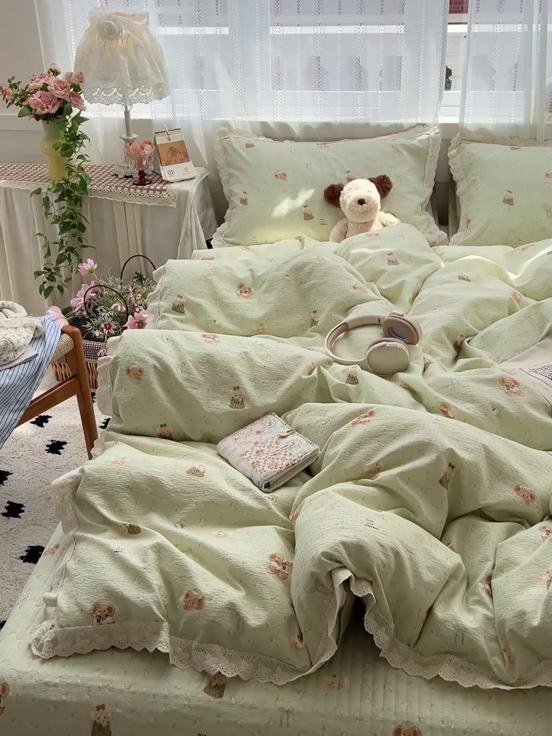 91家纺网 家纺一手货源 找家纺 富米莱（原臻工厂） 2025新款全棉蝴蝶花边热销款韩式云感亲肤棉床盖床裙四件套 快乐小象（蝴蝶花边款）