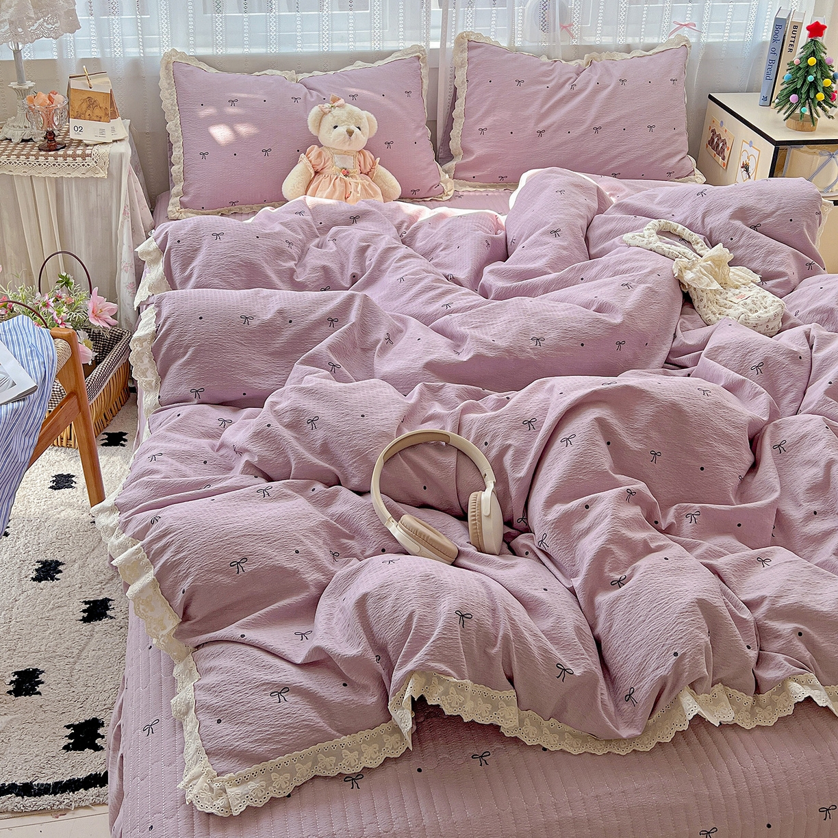 91家纺网 家纺一手货源 找家纺 富米莱（原臻工厂） 2025新款全棉蝴蝶花边热销款韩式云感亲肤棉床盖床裙四件套 小资情调（蝴蝶花边款）