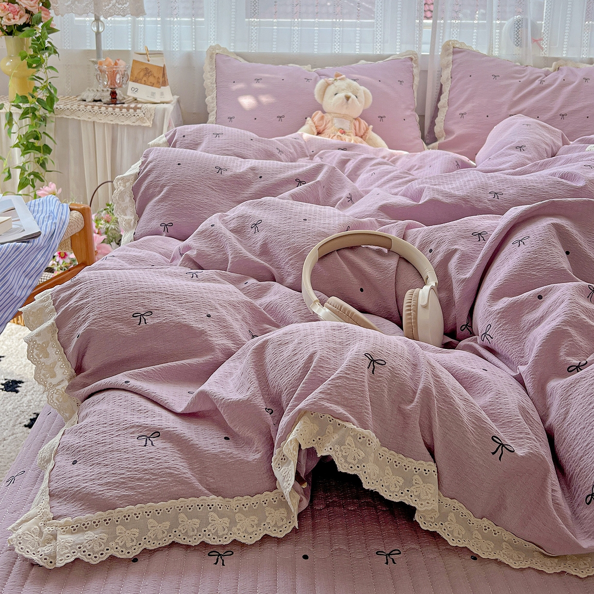 91家纺网 家纺一手货源 找家纺 富米莱（原臻工厂） 2025新款全棉蝴蝶花边热销款韩式云感亲肤棉床盖床裙四件套 小资情调（蝴蝶花边款）