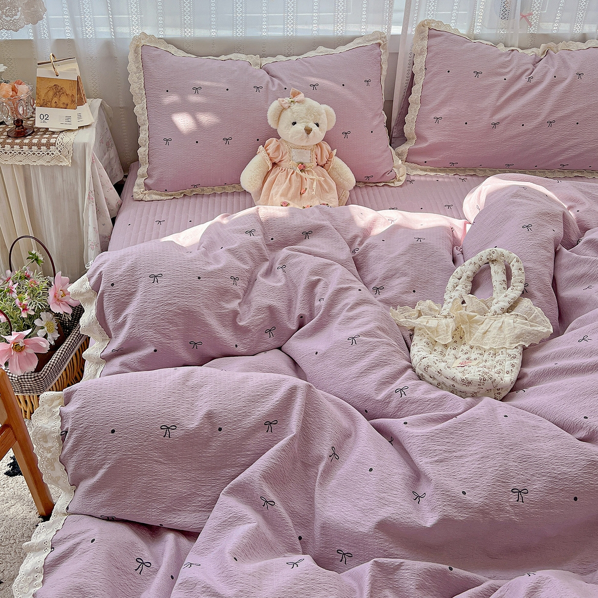 91家纺网 家纺一手货源 找家纺 富米莱（原臻工厂） 2025新款全棉蝴蝶花边热销款韩式云感亲肤棉床盖床裙四件套 小资情调（蝴蝶花边款）