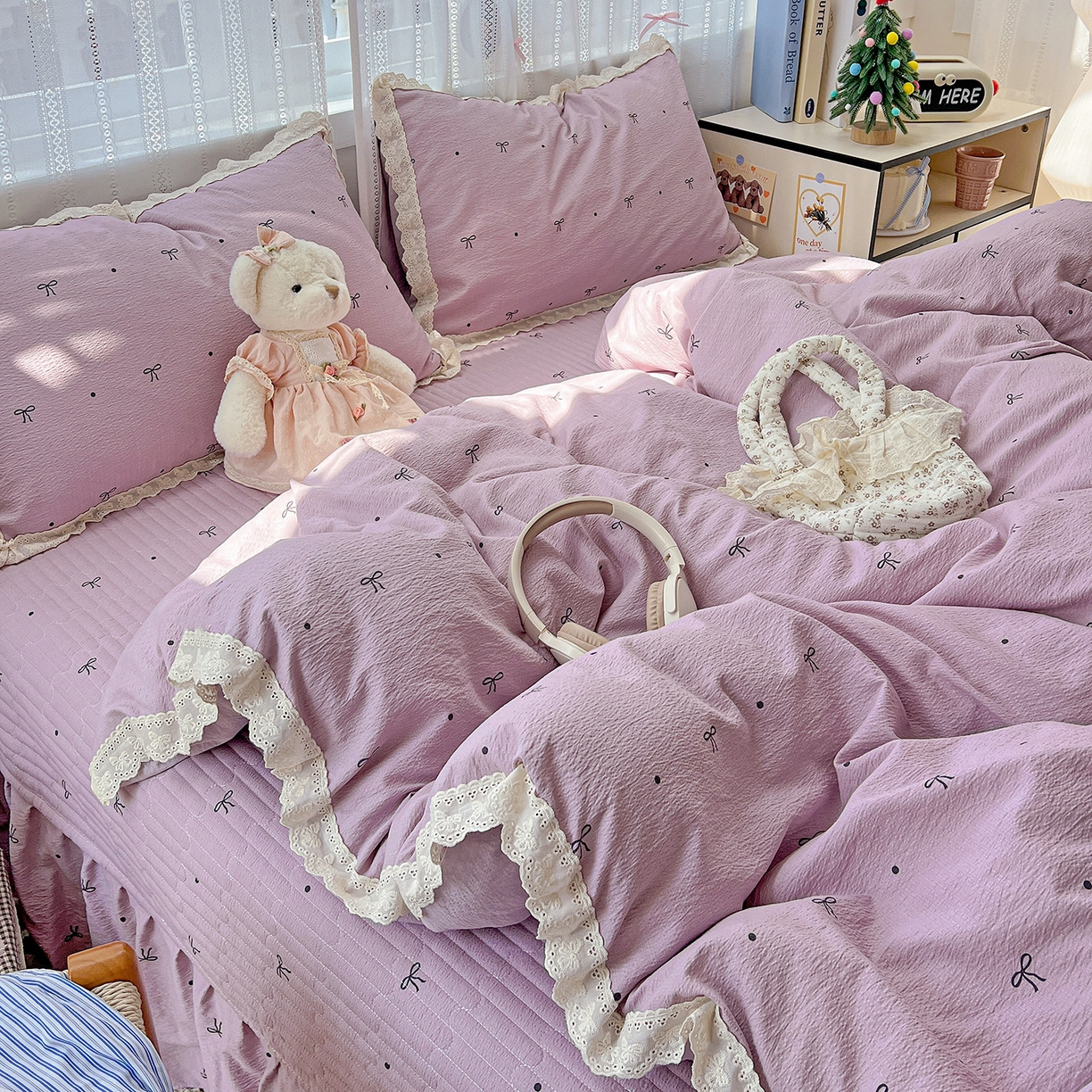 91家纺网 家纺一手货源 找家纺 富米莱（原臻工厂） 2025新款全棉蝴蝶花边热销款韩式云感亲肤棉床盖床裙四件套 小资情调（蝴蝶花边款）