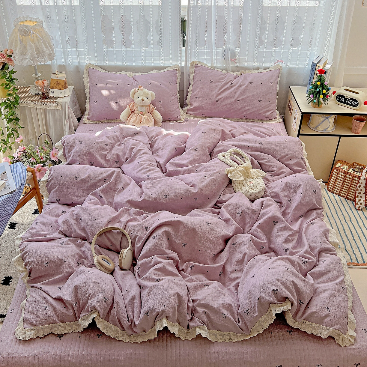 91家纺网 家纺一手货源 找家纺 富米莱（原臻工厂） 2025新款全棉蝴蝶花边热销款韩式云感亲肤棉床盖床裙四件套 小资情调（蝴蝶花边款）