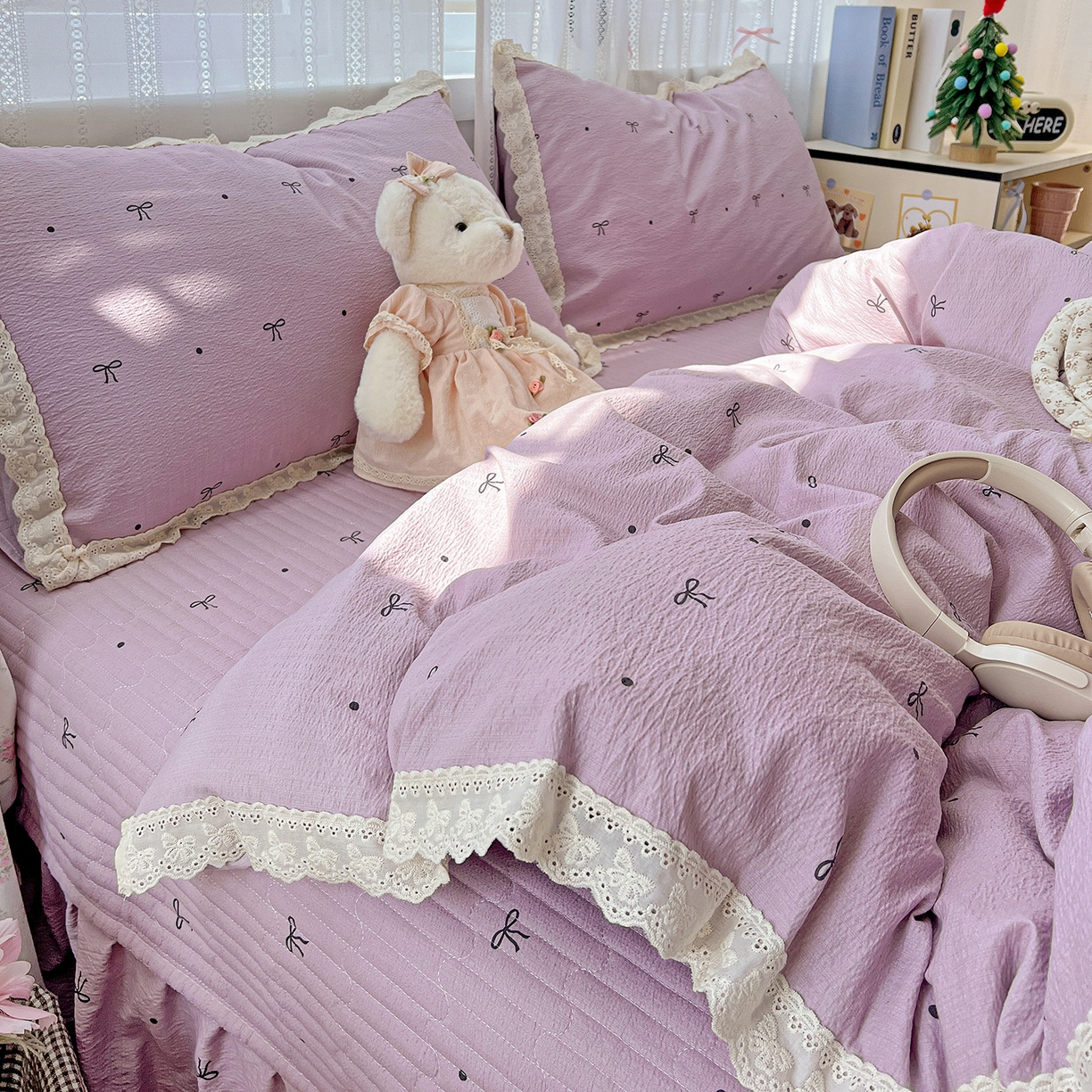 91家纺网 家纺一手货源 找家纺 富米莱（原臻工厂） 2025新款全棉蝴蝶花边热销款韩式云感亲肤棉床盖床裙四件套 小资情调（蝴蝶花边款）