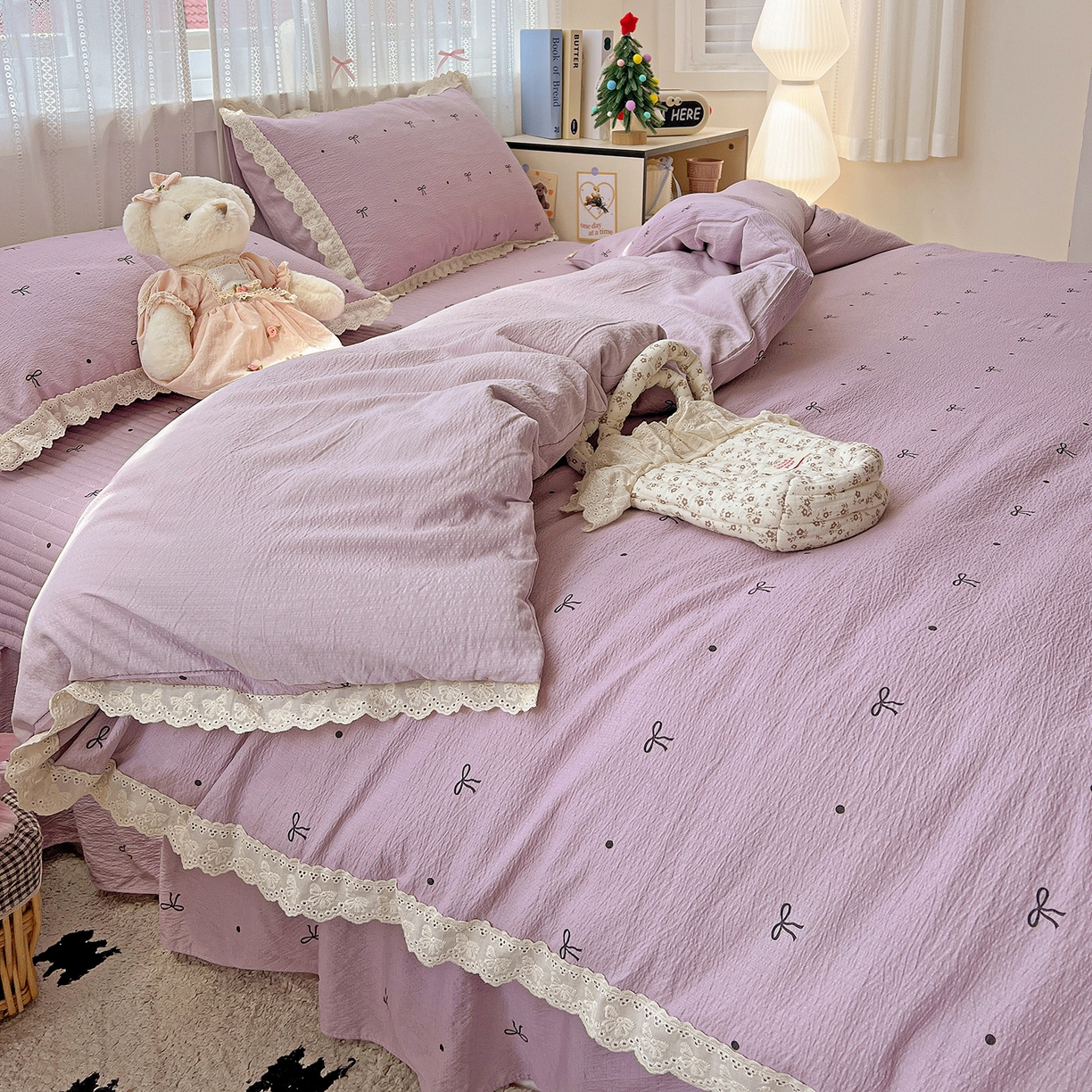 91家纺网 家纺一手货源 找家纺 富米莱（原臻工厂） 2025新款全棉蝴蝶花边热销款韩式云感亲肤棉床盖床裙四件套 小资情调（蝴蝶花边款）