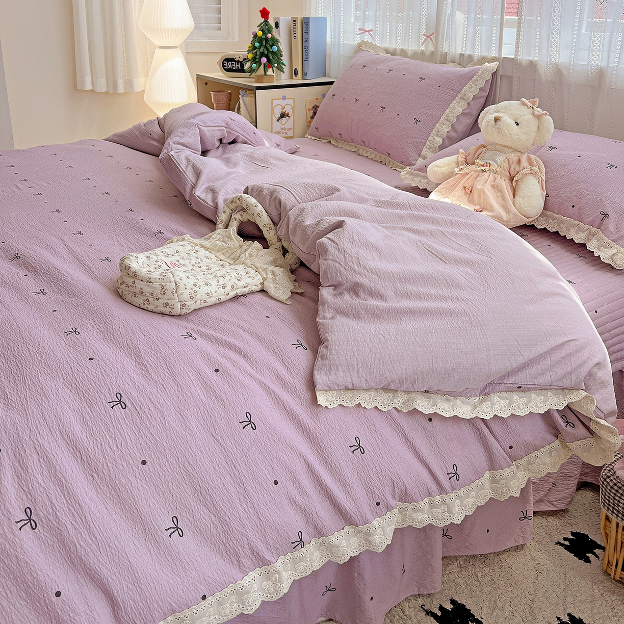 91家纺网 家纺一手货源 找家纺 富米莱（原臻工厂） 2025新款全棉蝴蝶花边热销款韩式云感亲肤棉床盖床裙四件套 小资情调（蝴蝶花边款）